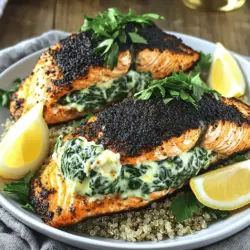 This blackened salmon recipe needs fresh salmon fillets, cream cheese, and spinach. You will also need Parmesan cheese, sour cream, garlic, lemon zest, olive oil, Cajun seasoning, salt, and pepper. Each ingredient adds to the taste and texture of the dish.