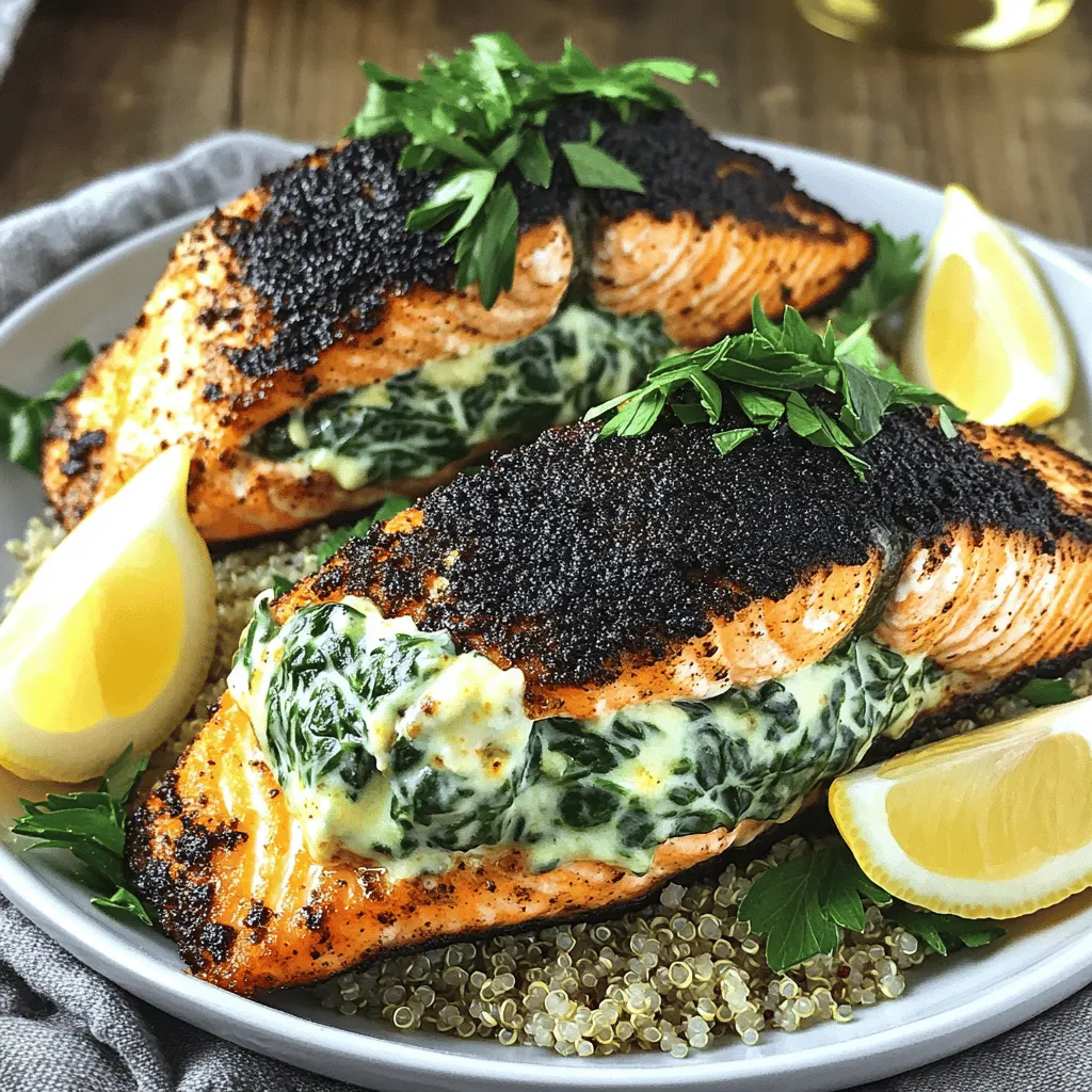 This blackened salmon recipe needs fresh salmon fillets, cream cheese, and spinach. You will also need Parmesan cheese, sour cream, garlic, lemon zest, olive oil, Cajun seasoning, salt, and pepper. Each ingredient adds to the taste and texture of the dish.