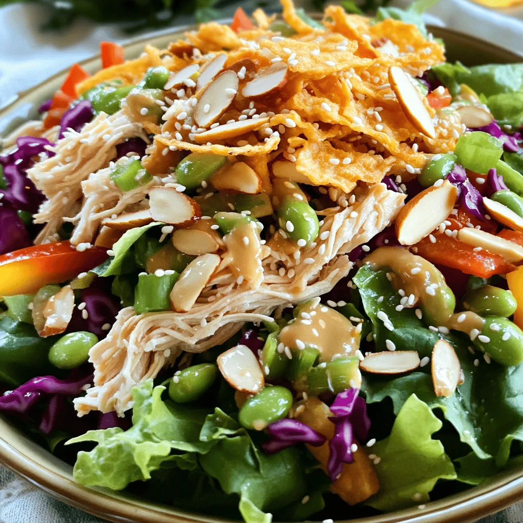 For an Asian Chicken Crunch Salad, fresh and colorful ingredients shine. The base includes shredded rotisserie chicken, which adds protein and flavor. I love using mixed greens, like lettuce, spinach, and arugula. They give a nice crunch and vibrant look.