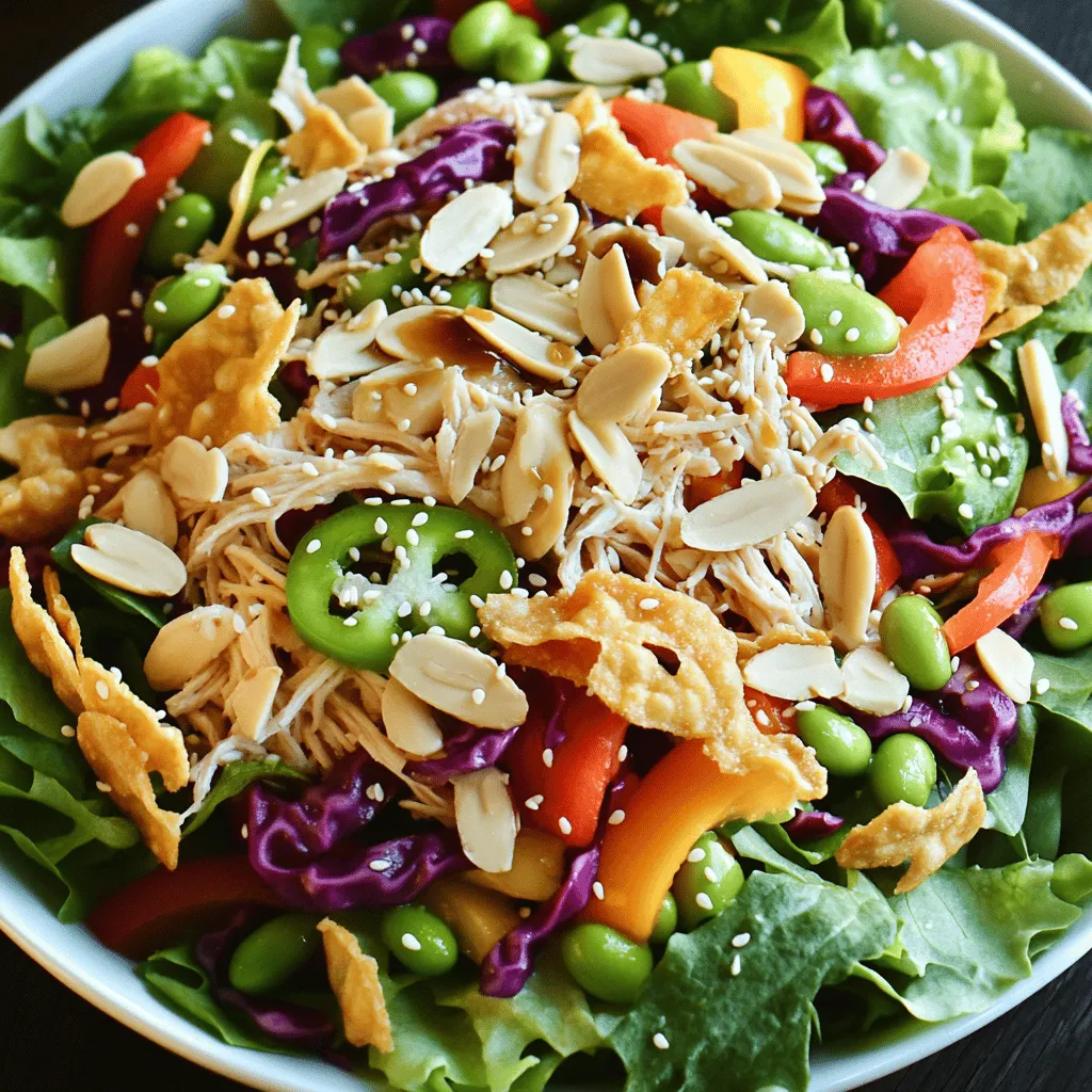 For an Asian Chicken Crunch Salad, fresh and colorful ingredients shine. The base includes shredded rotisserie chicken, which adds protein and flavor. I love using mixed greens, like lettuce, spinach, and arugula. They give a nice crunch and vibrant look.