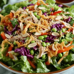 For an Asian Chicken Crunch Salad, fresh and colorful ingredients shine. The base includes shredded rotisserie chicken, which adds protein and flavor. I love using mixed greens, like lettuce, spinach, and arugula. They give a nice crunch and vibrant look.