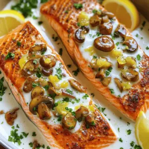 You need some key ingredients for a tasty creamy garlic mushroom salmon recipe. First, get four salmon fillets with the skin on. The skin adds flavor and helps keep the salmon moist. Next, use one cup of sliced mushrooms. I like cremini or button mushrooms for their rich taste.