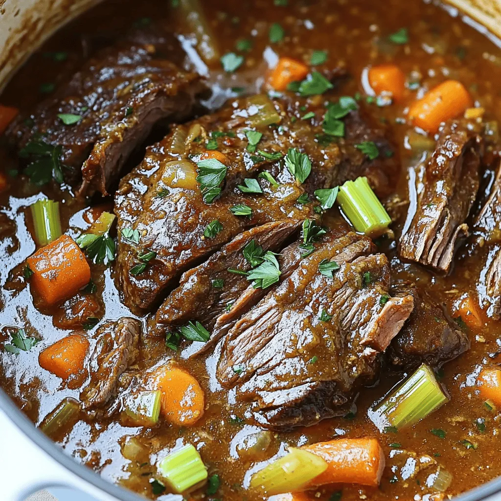 To make a great Italian pot roast, start with beef chuck roast. This cut has the right fat and flavor. You will also need olive oil to sear the meat. Onion, garlic, carrots, and celery add depth to the dish. A can of diced tomatoes gives a nice touch of acidity and sweetness. Finally, beef broth keeps the roast juicy and tender.