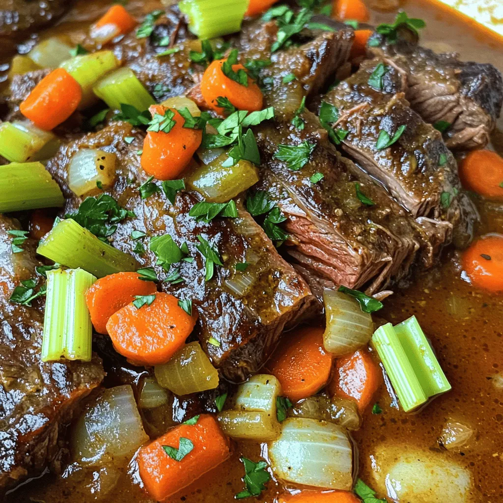 To make a great Italian pot roast, start with beef chuck roast. This cut has the right fat and flavor. You will also need olive oil to sear the meat. Onion, garlic, carrots, and celery add depth to the dish. A can of diced tomatoes gives a nice touch of acidity and sweetness. Finally, beef broth keeps the roast juicy and tender.