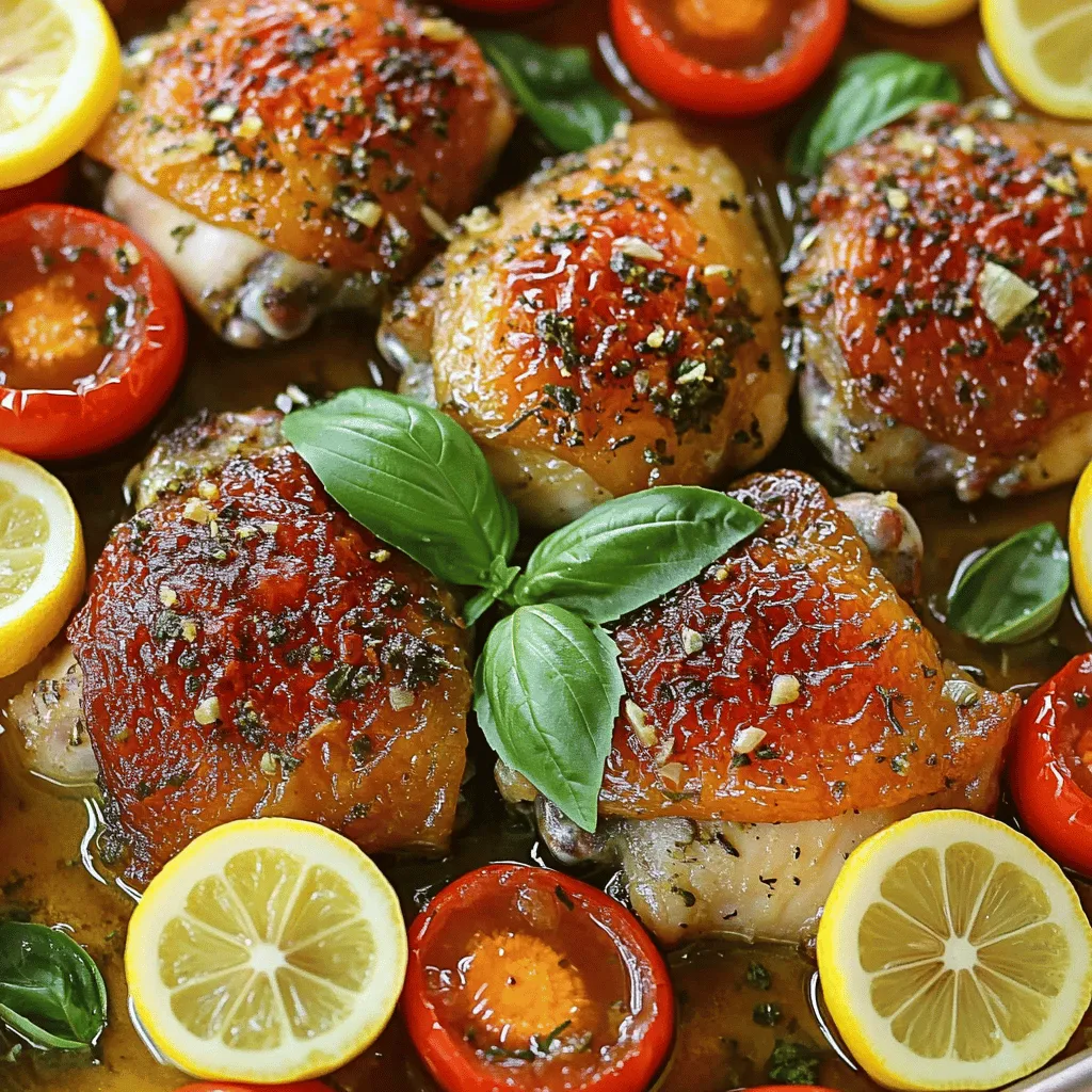 The main ingredients of an Italian baked chicken recipe are simple yet flavorful. You need chicken thighs, olive oil, garlic, lemons, and cherry tomatoes. The skin-on and bone-in chicken thighs add great taste and moisture. Olive oil keeps the chicken juicy and adds richness. Fresh garlic gives a nice kick, while lemons add bright flavor. The cherry tomatoes add sweetness and color to the dish.