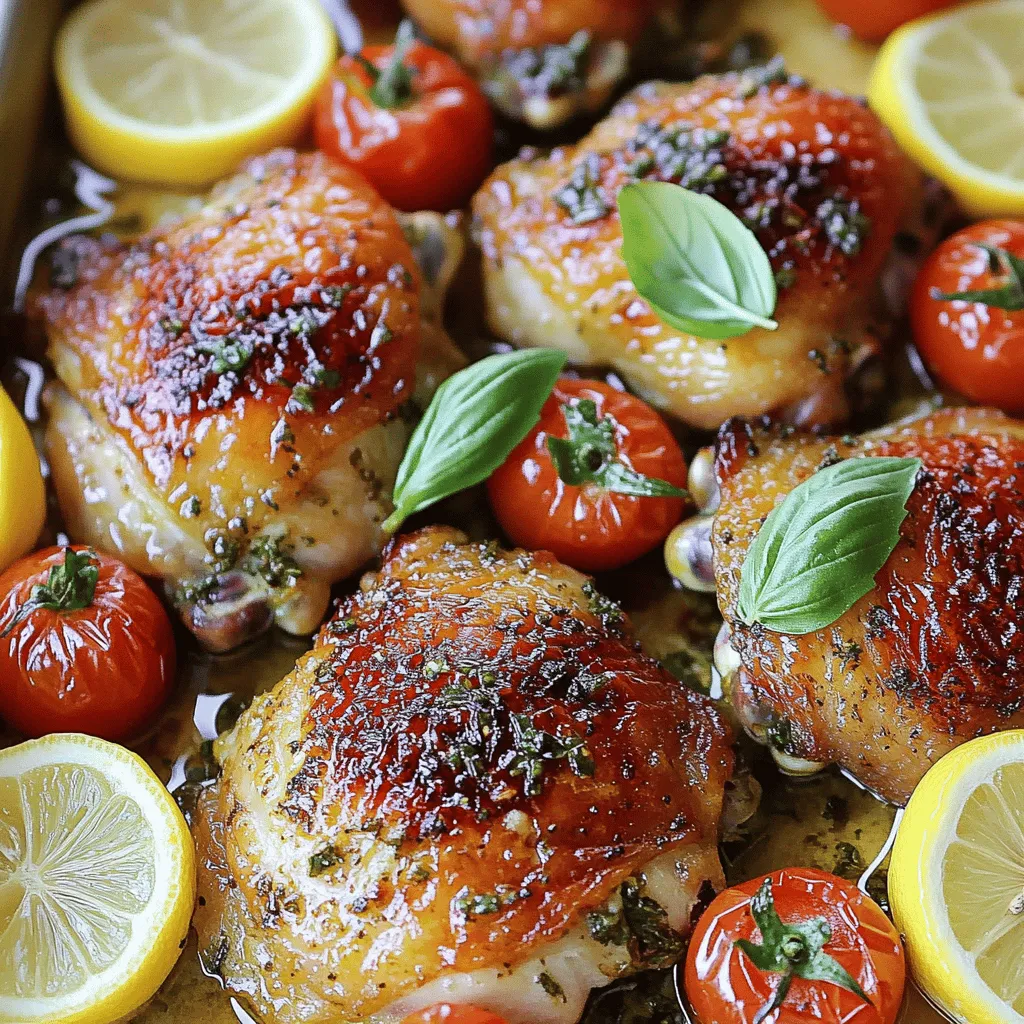 The main ingredients of an Italian baked chicken recipe are simple yet flavorful. You need chicken thighs, olive oil, garlic, lemons, and cherry tomatoes. The skin-on and bone-in chicken thighs add great taste and moisture. Olive oil keeps the chicken juicy and adds richness. Fresh garlic gives a nice kick, while lemons add bright flavor. The cherry tomatoes add sweetness and color to the dish.