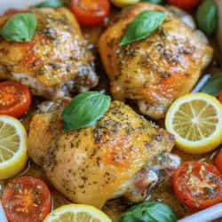 The main ingredients of an Italian baked chicken recipe are simple yet flavorful. You need chicken thighs, olive oil, garlic, lemons, and cherry tomatoes. The skin-on and bone-in chicken thighs add great taste and moisture. Olive oil keeps the chicken juicy and adds richness. Fresh garlic gives a nice kick, while lemons add bright flavor. The cherry tomatoes add sweetness and color to the dish.
