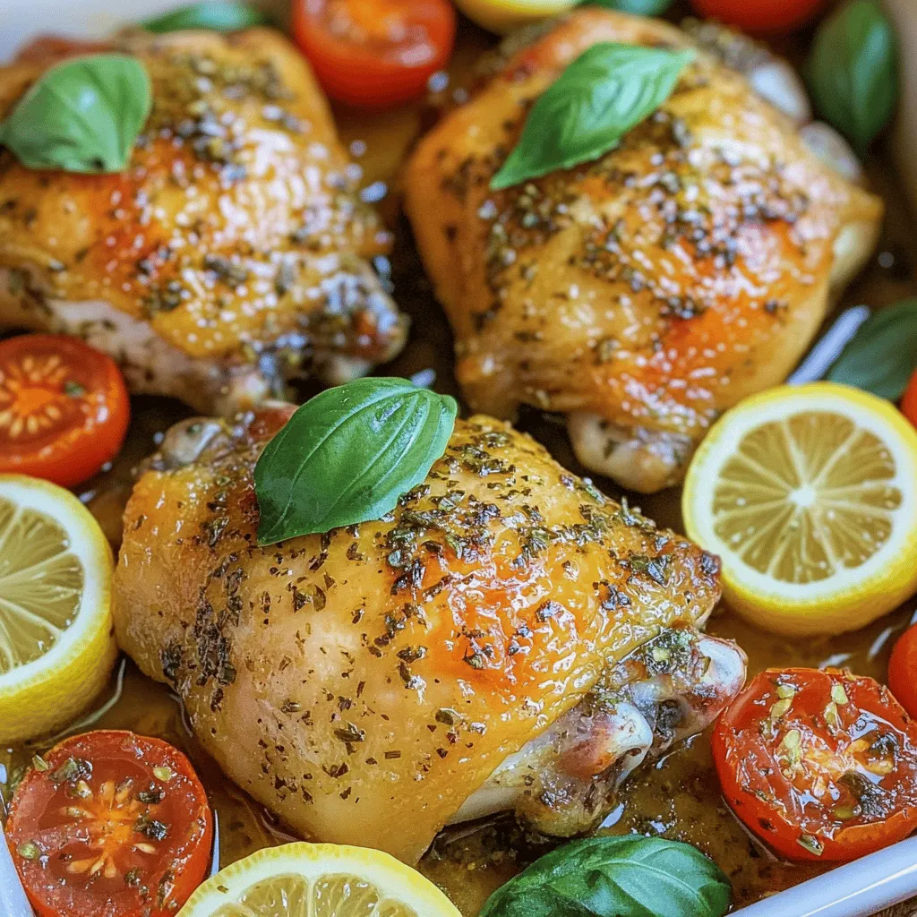 The main ingredients of an Italian baked chicken recipe are simple yet flavorful. You need chicken thighs, olive oil, garlic, lemons, and cherry tomatoes. The skin-on and bone-in chicken thighs add great taste and moisture. Olive oil keeps the chicken juicy and adds richness. Fresh garlic gives a nice kick, while lemons add bright flavor. The cherry tomatoes add sweetness and color to the dish.