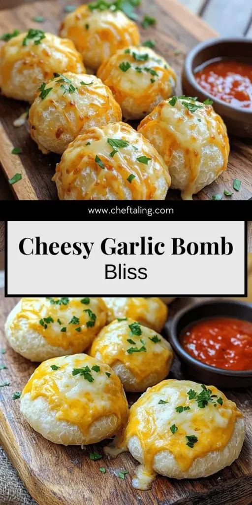 Indulge in the ultimate snacking experience with my Delicious Cheesy Garlic Bombs recipe! These savory treats combine gooey mozzarella and sharp cheddar, all wrapped in soft pizza dough. Perfect for any occasion, they are easy to make and customizable with your favorite ingredients. Elevate your appetizer game and impress your guests with these tasty bites. Click through to get the full recipe and start creating your own cheesy garlic masterpieces today!