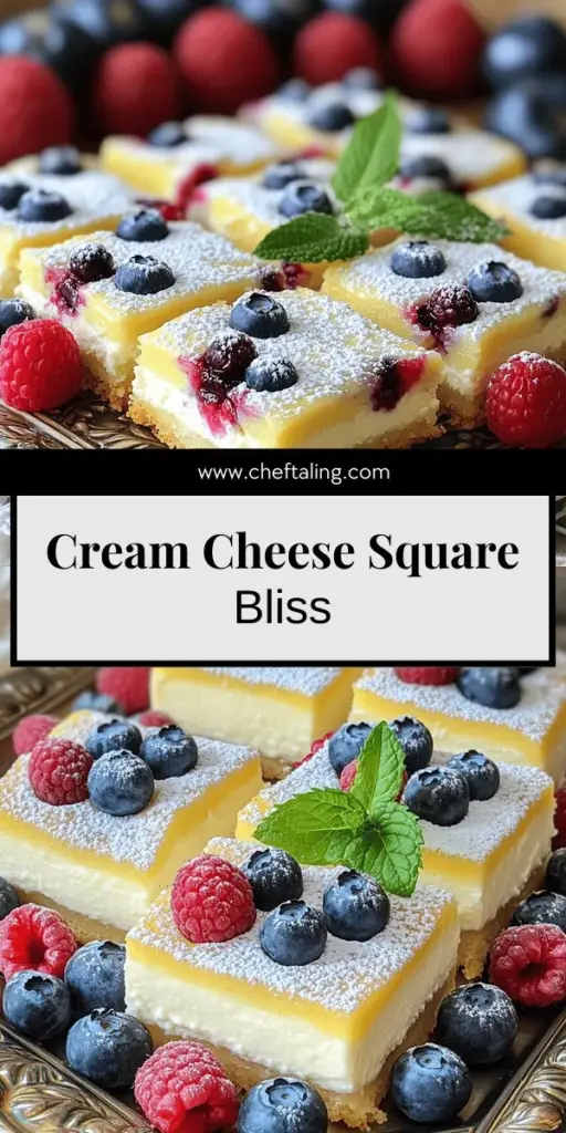 Indulge in the ultimate dessert experience with my best recipe for cream cheese squares! These delightfully simple treats blend creamy goodness with a crunchy graham cracker crust for a dessert that's sure to impress. Whether you're adding fresh fruits or experimenting with gluten-free options, there's a variation for everyone. Ready to bake something delicious? Click through for step-by-step instructions and tips to make your cream cheese squares shine!