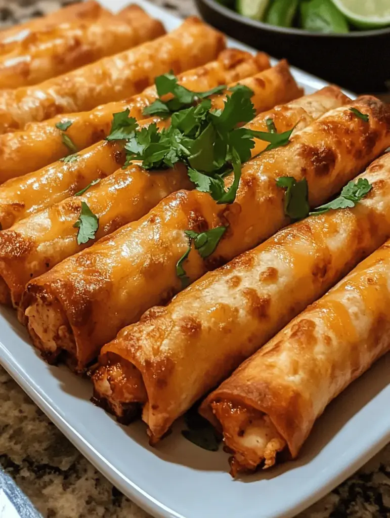 Discover the ultimate Crispy Chicken Taquitos recipe that's perfect for game night or a quick weeknight dinner. These deliciously crunchy taquitos are filled with seasoned chicken, cheese, and spices, all wrapped in golden tortillas. Bake or fry for that perfect crispy texture each time. Serve with your favorite salsa and guacamole for an irresistible snack your whole family will love. Save this recipe and impress your friends at your next gathering!