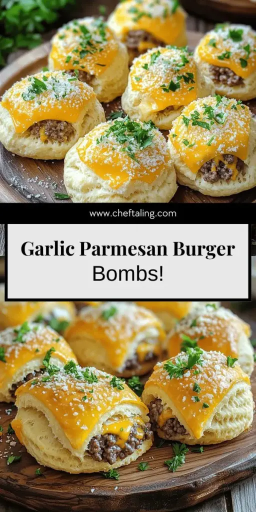 Satisfy your snack cravings with Irresistible Garlic Parmesan Cheeseburger Bombs! These flavor-packed bites feature juicy beef, creamy cheeses, and bold garlic, all enveloped in a flaky biscuit shell. Perfect for game days or family dinners, this easy recipe includes simple steps and fun variations to suit your taste. Click to explore the complete recipe and impress your guests with these delicious treats!