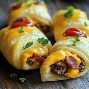 Bacon cheeseburger roll-ups are a fun twist on the classic burger. They combine ground beef, bacon, and cheese, all wrapped in crescent roll dough. You can bake them until golden brown, making them crispy on the outside and gooey on the inside. This easy bacon cheeseburger roll-ups recipe is perfect for a quick snack or a meal.