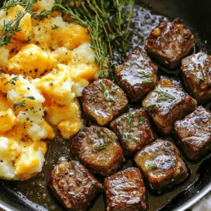 For garlic butter steak bites and crispy cheddar smashed potatoes, you need a few key ingredients. First, use 1 pound of sirloin steak. Cut it into 1-inch cubes for even cooking. This cut gives great flavor and tenderness. Next, gather 3 tablespoons of unsalted butter. You will use this for the garlic butter sauce.