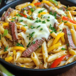 To make a One-Pot Philly Cheesesteak Pasta Skillet, you need a few key ingredients. These create the rich and savory flavor that makes this dish special.