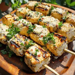 Garlic Parmesan chicken skewers are a tasty meal made from marinated chicken pieces. You cut chicken breast into 1-inch cubes and soak them in a rich garlic and cheese mix. This dish is fun to make and even better to eat!