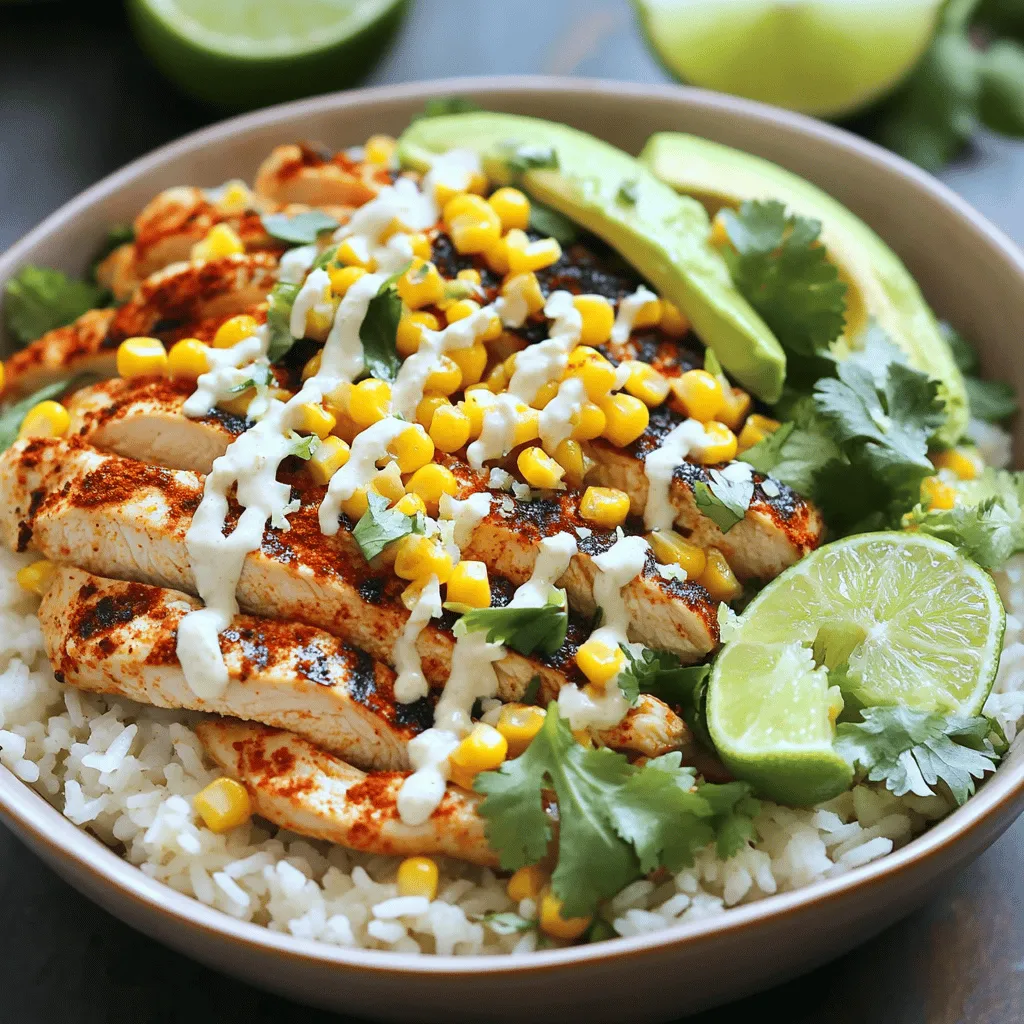 The street corn chicken rice bowl shines with fresh and vibrant ingredients. Each element adds flavor and texture. First, we need rice. Jasmine rice works best. It has a lovely aroma and a fluffy texture. You can cook it easily in water, and it pairs well with the chicken and corn.