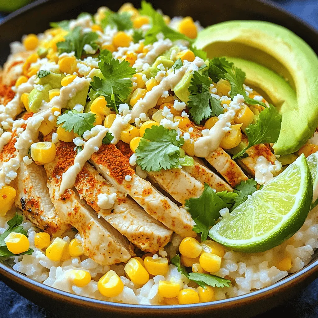The street corn chicken rice bowl shines with fresh and vibrant ingredients. Each element adds flavor and texture. First, we need rice. Jasmine rice works best. It has a lovely aroma and a fluffy texture. You can cook it easily in water, and it pairs well with the chicken and corn.