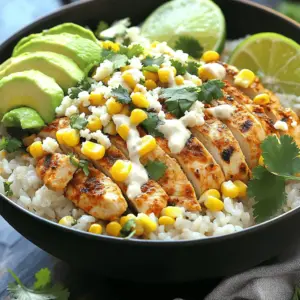 The street corn chicken rice bowl shines with fresh and vibrant ingredients. Each element adds flavor and texture. First, we need rice. Jasmine rice works best. It has a lovely aroma and a fluffy texture. You can cook it easily in water, and it pairs well with the chicken and corn.