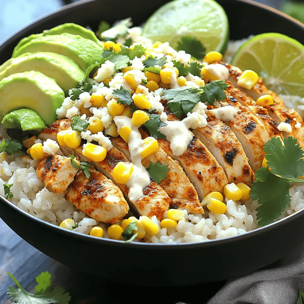 The street corn chicken rice bowl shines with fresh and vibrant ingredients. Each element adds flavor and texture. First, we need rice. Jasmine rice works best. It has a lovely aroma and a fluffy texture. You can cook it easily in water, and it pairs well with the chicken and corn.