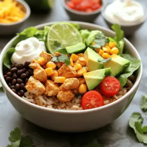 A tasty chicken burrito bowl needs good ingredients. Start with cooked brown rice as the base. It adds fiber and a nutty taste. Next, use 1 pound of diced chicken breast. It brings protein and makes the bowl filling. Season the chicken with cumin, paprika, garlic powder, onion powder, salt, and pepper. These spices give great flavor. You can find these chicken burrito bowl recipes easy and fun.