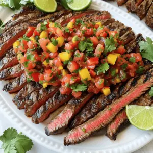 The key ingredients for grilled flank steak with tomato pepper salsa make this dish special. You need flank steak, ripe tomatoes, and sweet bell peppers. Each ingredient adds its own touch to the final plate.