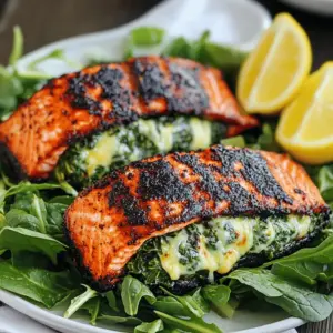 To make blackened salmon stuffed with spinach and Parmesan cheese, gather these key ingredients: