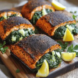 The key ingredients for blackened salmon stuffed with spinach and Parmesan are simple yet flavorful. You need four salmon fillets, fresh spinach, and Parmesan cheese. The salmon should have the skin removed for easy stuffing. Each fillet is a perfect pocket to hold the tasty filling.