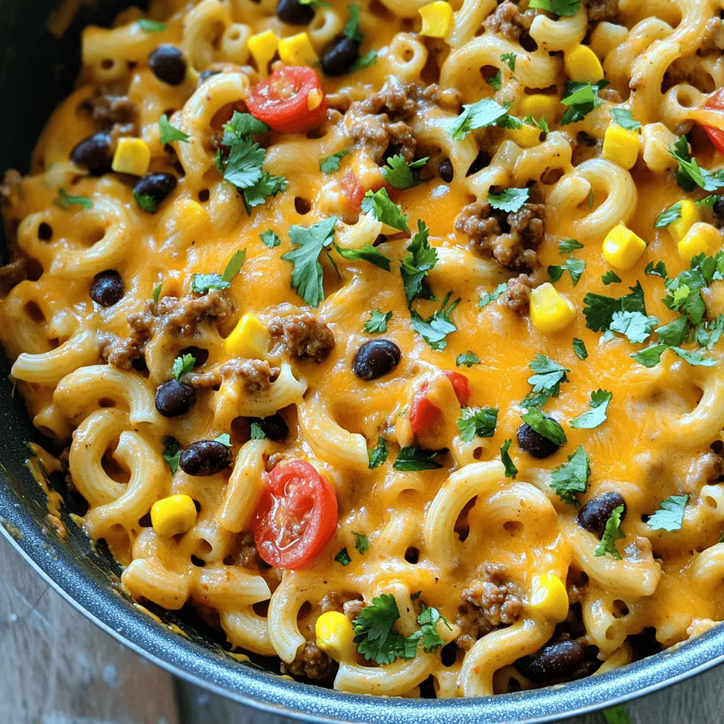To make Easy Homemade Hamburger Helper, you need a few key ingredients. Start with 1 pound of ground beef or ground turkey. You will also need 1 cup of uncooked elbow macaroni. For flavor, gather 2 cups of low-sodium beef broth and 1 cup of diced tomatoes, undrained. Add 1 cup of shredded sharp cheddar cheese for creaminess. You also want 1 cup of black beans and 1 cup of corn. Finally, use taco seasoning, garlic powder, and onion powder for taste. Don't forget salt and pepper to finish it off.