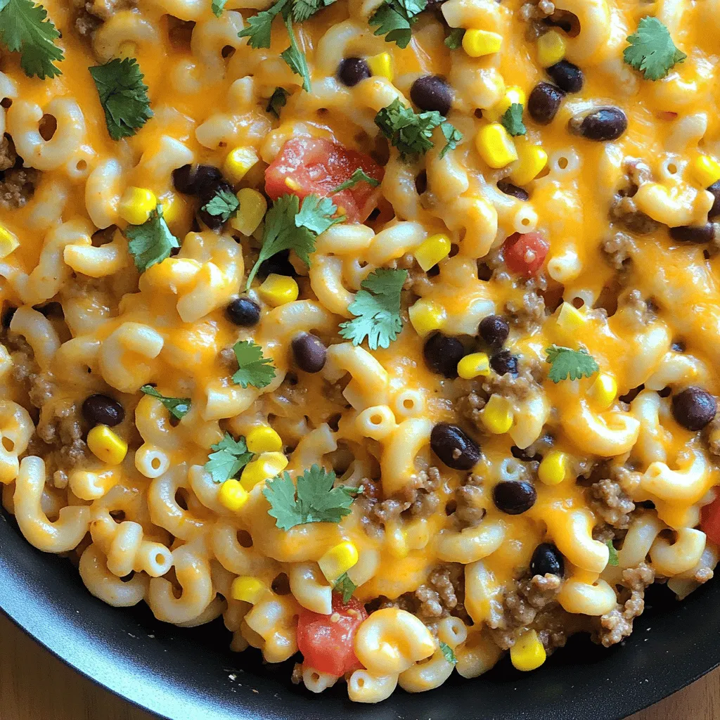 To make Easy Homemade Hamburger Helper, you need a few key ingredients. Start with 1 pound of ground beef or ground turkey. You will also need 1 cup of uncooked elbow macaroni. For flavor, gather 2 cups of low-sodium beef broth and 1 cup of diced tomatoes, undrained. Add 1 cup of shredded sharp cheddar cheese for creaminess. You also want 1 cup of black beans and 1 cup of corn. Finally, use taco seasoning, garlic powder, and onion powder for taste. Don't forget salt and pepper to finish it off.