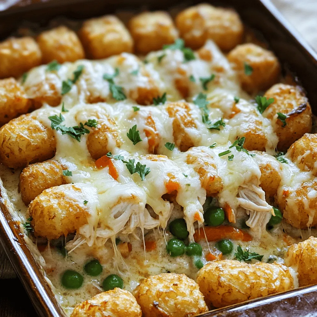 To make this savory creamy chicken Alfredo tater tot casserole, you need some key ingredients. First, you need two cups of cooked chicken. Shredded chicken works best here. Next, grab a 16-ounce package of frozen tater tots. These will give your casserole a great texture. You will also need two cups of Alfredo sauce. You can use store-bought or make your own.
