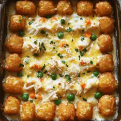 To make this savory creamy chicken Alfredo tater tot casserole, you need some key ingredients. First, you need two cups of cooked chicken. Shredded chicken works best here. Next, grab a 16-ounce package of frozen tater tots. These will give your casserole a great texture. You will also need two cups of Alfredo sauce. You can use store-bought or make your own.
