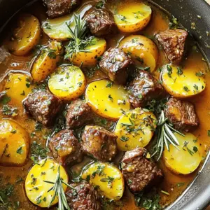 - 1.5 lbs beef sirloin, cut into bite-sized pieces - 1 lb baby potatoes, halved - 1/2 cup unsalted butter (1 stick) - 6 cloves garlic, minced - 1 onion, chopped - 2 teaspoons fresh rosemary or 1 teaspoon dried - 2 teaspoons fresh thyme or 1 teaspoon dried - 1 tablespoon soy sauce - Salt and pepper to taste - Fresh parsley, chopped for garnish