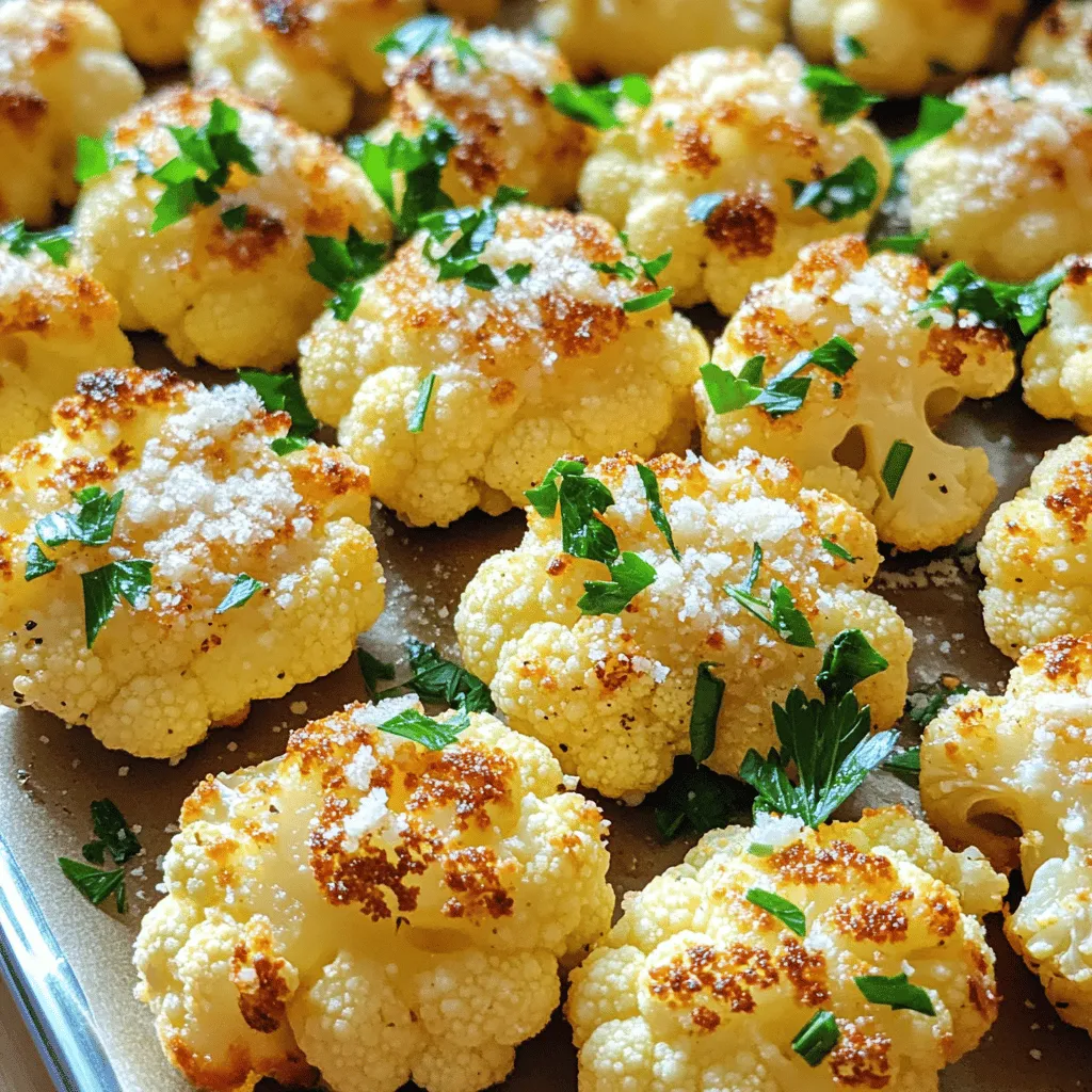- Cauliflower florets - 3 tablespoons olive oil - 4 cloves garlic, minced - 1 teaspoon salt - ½ teaspoon black pepper - ¾ cup grated Parmesan cheese - 1 teaspoon Italian seasoning These simple ingredients make Garlic Parmesan Roasted Cauliflower a standout side dish. The cauliflower florets serve as the base. Olive oil adds richness, while garlic gives it a strong flavor. Parmesan cheese brings a salty, creamy touch. The seasonings tie everything together for a delicious bite. - Baking sheet - Parchment paper - Mixing bowl - Spatula You will need a few tools to make cooking easy. A baking sheet helps the cauliflower roast evenly. Parchment paper makes cleanup a breeze. A mixing bowl allows you to combine the ingredients well. A spatula helps you toss the cauliflower without making a mess. - Fresh parsley - Additional cheese varieties Garnishes add a nice finishing touch to your dish. Fresh parsley brightens the flavors and looks lovely. You can also try other cheeses, like cheddar or mozzarella, for a twist. These small additions can boost the overall taste and presentation of your Garlic Parmesan Roasted Cauliflower. You can find the full recipe [here](#). Start by cleaning the cauliflower. Rinse it under cool water to remove dirt. Next, cut the cauliflower into bite-sized florets. Aim for uniform pieces to ensure even cooking. In a large mixing bowl, add the florets. Pour in the olive oil, then add minced garlic, salt, and black pepper. Mix well to coat each piece evenly with the seasoning. This step builds flavor in every bite. Preheat your oven to 425°F (220°C). Line a baking sheet with parchment paper for easy cleanup. Spread the seasoned cauliflower on the sheet in a single layer. Roast it in the oven for about 20 minutes. Stir the cauliflower halfway through to help it cook evenly. After 20 minutes, take it out and sprinkle grated Parmesan cheese and Italian seasoning on top. Gently toss the cauliflower to mix in the cheese. Return it to the oven for another 5 to 7 minutes. This will melt the cheese and create a nice, bubbly top. Once the cauliflower is golden brown, remove it from the oven. Let it cool for a minute. Before serving, garnish with fresh parsley. This adds color and a fresh taste. To get that perfect golden brown color, make sure the florets are not crowded on the baking sheet. Spacing helps them roast well. Enjoy your Garlic Parmesan Roasted Cauliflower as a simple side dish or a tasty snack. For the full recipe, check the earlier section! To make sure your cauliflower is tender, start with fresh florets. Cut them into even pieces. This helps them cook at the same rate. You want a nice bite but not mushy. Spacing is key on the baking sheet. If the florets are too close, they will steam instead of roast. Spread them out in a single layer. This allows for even cooking and crispiness. Adjust the garlic and cheese amounts to fit your taste. If you love garlic, add more. For a cheesy bite, sprinkle on extra Parmesan. Don't be afraid to try other herbs. Add a touch of thyme or rosemary for a new twist. You can also mix in some red pepper flakes for heat. Check for doneness after about 20 minutes. The cauliflower should be golden and soft. If it’s not quite there, roast a bit longer. Be careful not to over-roast. You want a nice brown color, not burnt edges. Keep an eye on it during the last few minutes. This ensures a perfect finish. For the full recipe, check out the link provided. {{image_2}} You can easily change this dish by adding more veggies. Broccoli and carrots work well here. They add color and crunch. Mix the florets with the cauliflower for a fun twist. You can also try adding spices for heat. A pinch of red pepper flakes gives it a nice kick. You can adjust the amount based on your taste. If you need gluten-free options, this recipe is naturally safe. Just check your Parmesan cheese label. Many brands are gluten-free. For a vegan version, swap the Parmesan for a plant-based cheese. Nutritional yeast is another great choice. It adds a cheesy flavor without dairy. You can cook this dish in an air fryer for a crispier texture. Set your air fryer to 400°F (200°C). Cook for about 15 minutes, shaking halfway through. Grilling is also a fun option. Use a grill basket to hold the cauliflower. Grill on medium heat for about 10-15 minutes. Both methods give you delicious results with less oil. For the full recipe, check out the main article. After enjoying Garlic Parmesan Roasted Cauliflower, store any leftovers in the fridge. Place the cooled cauliflower in an airtight container. This keeps it fresh for up to three days. When you're ready to eat, reheat it in the oven at 350°F (175°C) for about 10 minutes. You can also microwave it for a quick fix, but the oven will keep the cauliflower crispier. For long-term storage, you can freeze Garlic Parmesan Roasted Cauliflower. First, let it cool completely. Then, spread the cauliflower on a baking sheet in a single layer and freeze for about an hour. After that, transfer it to a freezer bag or container. It will stay good for up to three months. When you’re ready to use it, you can throw it straight into soups or stir-fries for a quick meal. Understanding freshness is key to enjoying your garlic parmesan treat. Fresh cauliflower should feel firm, with no dark spots or soft areas. If it starts to turn yellow or brown, it's best to toss it. Once cooked, Garlic Parmesan Roasted Cauliflower stays tasty for about three days in the fridge. Always check for signs of spoilage before eating. To make Garlic Parmesan Roasted Cauliflower, follow these steps: 1. Preheat your oven to 425°F (220°C) and line a baking sheet with parchment paper. 2. In a bowl, mix cauliflower florets with olive oil, minced garlic, salt, and black pepper. 3. Spread the cauliflower on the baking sheet in one layer. 4. Roast for 20 minutes, stirring halfway through. 5. Add Parmesan cheese and Italian seasoning, then roast for another 5-7 minutes. 6. Garnish with parsley and serve. This simple method gives you a tasty and crispy side dish. Yes, you can use frozen cauliflower. Thaw it first and pat it dry. This helps remove excess moisture. Fresh cauliflower gives a better texture, but frozen works well in a pinch. Adjust cooking time slightly, as frozen florets may need a bit longer to become tender. This dish pairs well with many main options. Try it with grilled chicken or steak for a hearty meal. It also complements pasta dishes nicely. Serve it alongside a fresh salad for a lighter option. The flavors blend well with a variety of cuisines. To keep your cauliflower crispy, space the florets out on the baking sheet. Avoid crowding them, as this can trap steam. Also, roast at a high temperature. Stir halfway through to ensure even cooking. A quick final roast after adding cheese keeps it crunchy. You can prepare Garlic Parmesan Roasted Cauliflower ahead of time. Store it in the fridge for up to three days. Reheat in the oven at 350°F (175°C) to keep it crispy. Avoid microwaving, as this can make it soggy. Enjoy it as a quick side for your meals. Garlic Parmesan Roasted Cauliflower is easy and tasty. We covered key ingredients, tools, and steps you need. Prepping cauliflower and roasting it right leads to great flavor. Remember to keep pieces spaced for a perfect texture. You can even switch up ingredients for fun variations. Enjoy your dish fresh, or store leftovers properly for later. This recipe is flexible and fits many diets, making it a great addition to your meals. Happy cooking!