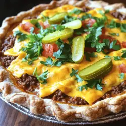 To make Pioneer Woman Cheeseburger Pie, you need some simple and tasty ingredients. Gather these: - 1 lb ground beef - 1 small onion, diced - 2 cloves garlic, minced - 1 cup shredded cheddar cheese - 1 cup milk - 2 large eggs - 1 cup all-purpose flour - 1 teaspoon baking powder - 1 teaspoon mustard (yellow or Dijon) - 1 teaspoon Worcestershire sauce - Salt and pepper to taste - 1 cup diced tomatoes (fresh or canned, drained) - 1 tablespoon olive oil These ingredients come together to create a warm and hearty dish. The ground beef gives it a rich flavor. Diced tomatoes add freshness and moisture. The milk and eggs help bind it all together, while the cheese makes it creamy and cheesy. You can customize your pie with some fun garnishes and add-ins. Here are a few ideas: - Chopped pickles for a tangy crunch - Fresh parsley for a pop of color - Sliced jalapeños for some heat - Cooked bacon bits for extra flavor These options can make your Cheeseburger Pie even more special. They add layers of taste and texture. Using the right tools can make cooking easier. Here are some tools I recommend for this recipe: - Large skillet for browning the beef - Mixing bowls for batter and ingredients - Whisk for blending the batter - Pie dish for baking - Sharp knife for slicing onions and tomatoes Having these tools on hand will help you create a perfect Cheeseburger Pie. You will find that cooking becomes more enjoyable and efficient. For the full recipe, check out the complete guide. Start by preheating your oven to 400°F (200°C). In a large skillet, heat one tablespoon of olive oil over medium heat. Add one small diced onion and cook until it turns soft. This usually takes about five minutes. Next, add two minced garlic cloves and one pound of ground beef to the skillet. Season with salt and pepper. Cook this mixture until the beef is fully browned. Once cooked, drain any extra fat. Stir in one cup of diced tomatoes and one teaspoon of Worcestershire sauce. Let this mixture cool for a few minutes. In a separate bowl, whisk together one cup of milk, two large eggs, one cup of all-purpose flour, one teaspoon of baking powder, and one teaspoon of mustard. Mix until the batter is smooth and free of lumps. This batter will be the base and top layer of your pie, giving it a soft texture. Now, grease a pie dish to prevent sticking. Pour half of the batter into the bottom of the dish. Spread it evenly. Layer the beef mixture on top of the batter. Sprinkle one cup of shredded cheddar cheese over the beef. Finally, pour the remaining batter over the cheese and beef mixture. Bake in the preheated oven for 25 to 30 minutes. The pie is ready when the top is golden brown, and a toothpick comes out clean. Let it cool for a few minutes before slicing. Serve warm for a delicious meal. Check out the Full Recipe for more details. To make the best cheeseburger pie, follow these key tips: - Use fresh ingredients: Fresh ground beef and ripe tomatoes enhance flavor. - Don't rush cooking: Sauté the onion until it's soft. This step adds depth. - Let the beef cool: Cooling the beef mix a bit helps the batter set better. - Whisk well: Make sure your batter is smooth for even baking. - Check your oven: Ovens can vary. Keep an eye on the pie as it bakes. Avoid these common pitfalls for a perfect dish: - Overcrowding the skillet: Cook the beef in batches if needed to brown it well. - Skipping seasonings: Salt and pepper are crucial for flavor. Don’t skip them! - Not greasing the dish: A greased pie dish helps the pie come out easily. - Cutting too soon: Let the pie sit before cutting. It helps the slices hold shape. Here are some cooking techniques to help you succeed: - Sautéing: Always cook your onion and garlic on medium heat. It brings out their sweetness. - Layering: Spread the batter evenly before adding the meat and cheese. It ensures even cooking. - Baking: Bake until golden brown on top. A toothpick should come out clean. - Garnishing: Top with pickles and parsley for a fresh touch. It adds color and taste. For the full recipe, check out the specific steps to create this tasty comfort food. {{image_2}} You can easily make a vegetarian version of cheeseburger pie. Replace ground beef with cooked lentils or black beans. Use veggies like bell peppers and zucchini for added texture. You can also add mushrooms for a savory taste. Using plant-based cheese will keep it creamy and satisfying. Feel free to swap ingredients to match your taste. Try different cheeses, like pepper jack for a spicy kick or mozzarella for a milder flavor. You can also use ground turkey or chicken instead of beef. If you want a gluten-free option, substitute all-purpose flour with almond flour or a gluten-free blend. Make your pie pop with global flavors. For a Mexican twist, add taco seasoning and top with salsa and avocado. To give it an Italian flair, mix in Italian herbs and use marinara sauce instead of Worcestershire. A Greek version could feature feta cheese and olives for a unique blend of tastes. Check the Full Recipe to create your cozy cheeseburger pie today! After you enjoy your Pioneer Woman cheeseburger pie, store the leftovers in the fridge. Cut the pie into slices and place them in an airtight container. This keeps it fresh for up to three days. If you don't have a container, wrap each slice tightly with plastic wrap. Make sure it is sealed well. This will help prevent dryness. You can freeze cheeseburger pie for future meals. First, let the pie cool completely. Then, slice it and wrap each piece in plastic wrap. Place the wrapped slices in a freezer-safe bag. Remove as much air as possible before sealing. This method keeps the pie fresh for up to three months. When you're ready to eat, thaw it overnight in the fridge. To reheat your cheeseburger pie, preheat your oven to 350°F (175°C). Place the slice on a baking sheet and cover it with foil. This helps keep it moist while heating. Bake for about 15-20 minutes or until it's warmed through. You can also use a microwave for quick reheating. Place a slice on a microwave-safe plate and heat for 1-2 minutes. Enjoy your delicious meal again! For the full recipe, check out the complete instructions. Pioneer Woman Cheeseburger Pie is a savory dish that combines ground beef, cheese, and a fluffy batter. It's like a cheeseburger but baked in a pie form. You get all the great flavors of a cheeseburger in each slice. This dish is warm, filling, and perfect for a cozy dinner. It’s a fun twist on the classic meal. Yes, you can make this recipe ahead of time. Cook the beef mixture and prepare the batter. Store them in the fridge separately. When you’re ready, simply assemble and bake. It saves time on busy days. This way, you can enjoy a homemade meal without the rush. Cheeseburger Pie goes well with many sides. Here are some great options: - Mixed greens salad - Steamed vegetables - Garlic bread - Coleslaw - Fries or potato wedges These sides add freshness and crunch. They balance the rich flavors of the pie. Enjoy your meal with these tasty complements! This blog post covered all you need to make Pioneer Woman Cheeseburger Pie. We talked about the key ingredients and the kitchen tools to use. Step-by-step, I showed you how to prepare the beef, make the batter, and bake the pie. I shared tips and tricks for perfecting your dish and offered variations to match your taste. Lastly, I explained how to store and reheat leftovers so none goes to waste. Enjoy making this dish, and let your creativity shine through!