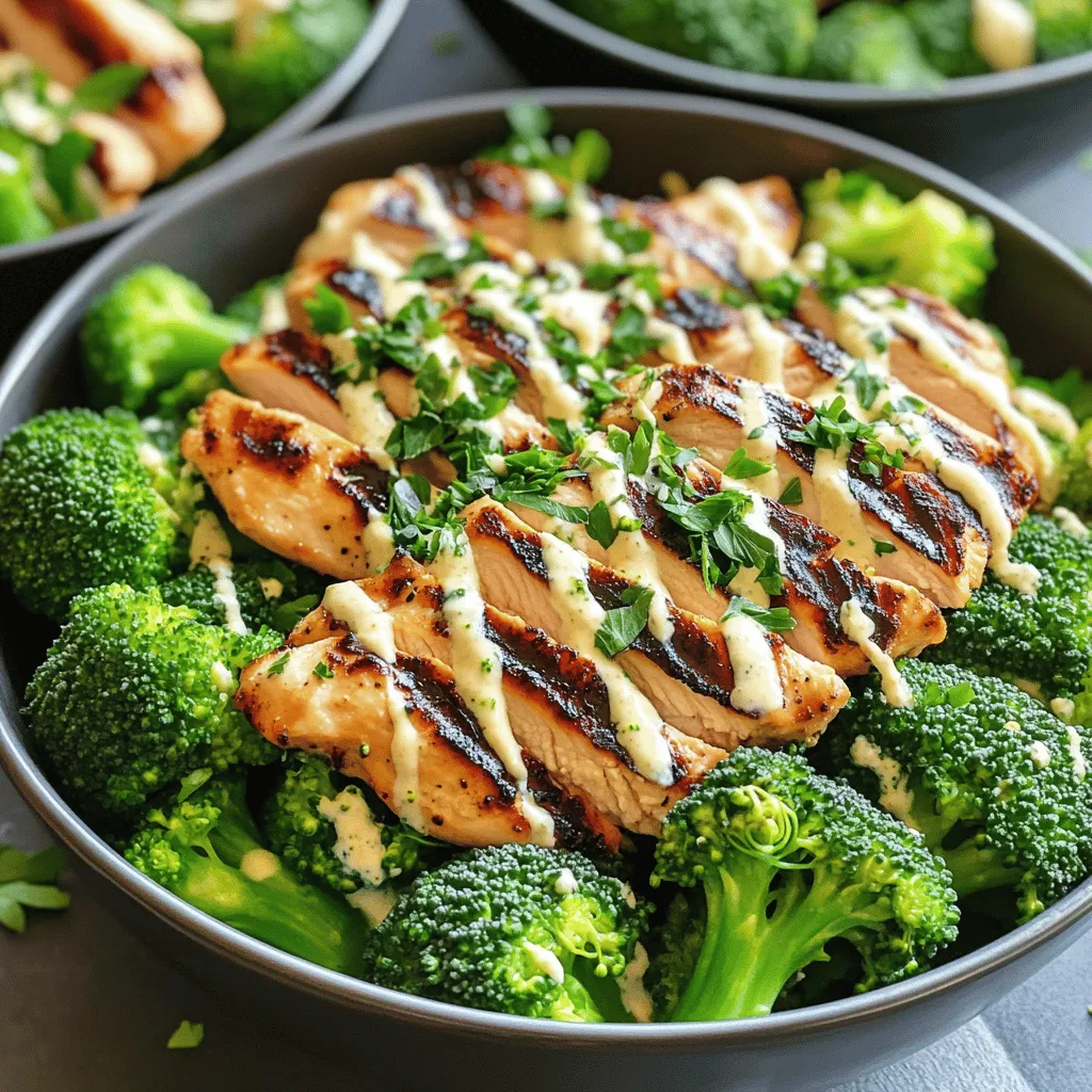 - 2 boneless, skinless chicken breasts - 2 cups fresh broccoli florets - 1 tablespoon olive oil - Salt and pepper to taste - 1 teaspoon garlic powder - 1 teaspoon paprika - 1/2 cup Greek yogurt - 2 tablespoons mayonnaise - 2 cloves garlic, minced - 1 tablespoon lemon juice - 1 tablespoon chopped fresh parsley (for garnish) To make Grilled Chicken & Broccoli Bowls with Creamy Garlic Sauce, you need high-quality ingredients. Start with fresh chicken breasts and vibrant broccoli. The olive oil adds moisture. Salt and pepper highlight the natural flavors. For seasoning, garlic powder and paprika give the chicken a rich taste. Remember, seasoning is key. It elevates the dish from simple to spectacular. The creamy garlic sauce is a star. Greek yogurt and mayonnaise create a smooth base. Fresh garlic and lemon juice brighten the sauce. Don't forget the parsley; it adds a lovely touch. For the full recipe, check out the ingredients list again and get cooking! - Preheat the grill to medium-high heat. - Rub the chicken with olive oil and seasoning. I like garlic powder and paprika. - Grill the chicken until cooked through, about 6-7 minutes per side. Start by heating your grill. Medium-high heat works best. While the grill warms up, take your chicken breasts. Coat them with olive oil, salt, pepper, garlic powder, and paprika. Rub the mix all over the chicken. This adds flavor and helps it cook well. Once the grill is hot, place the chicken on it. Grill each side for about 6-7 minutes. You want the chicken to reach 165°F (75°C) inside. After grilling, let the chicken rest for about 5 minutes before cutting it. This keeps it juicy. - Bring salted water to a boil. - Blanch broccoli florets for 3 minutes. - Drain and set aside. Next, focus on the broccoli. Fill a pot with water and add salt. Bring it to a boil. Once boiling, add the broccoli florets. Blanch them for 3 minutes. This keeps them bright green and tender-crisp. After 3 minutes, drain the broccoli and set it aside. - Combine Greek yogurt, mayonnaise, garlic, lemon juice, and seasonings. - Mix until the sauce is smooth. Now, let's make the creamy garlic sauce. In a bowl, mix Greek yogurt, mayonnaise, minced garlic, and lemon juice. Add salt and pepper to taste. Stir until smooth. This sauce is rich and adds a tasty touch to your bowl. Now you're ready to assemble your Grilled Chicken & Broccoli Bowls with Creamy Garlic Sauce. Slice the chicken, layer the broccoli, and drizzle on that delicious sauce. Enjoy this healthy meal! For details, check the Full Recipe. - Use a meat thermometer for accurate cooking. This helps ensure you don’t undercook or overcook your chicken. - Let chicken rest after grilling to retain juices. This step makes your chicken moist and tasty. - Blanching preserves color and texture. It helps keep your broccoli bright green and crunchy. - Avoid overcooking to keep it tender-crisp. This way, you get a nice bite and plenty of nutrients. - Adjust garlic and lemon for personal taste. If you love garlic, add more! - Experiment with herbs for added flavor. Fresh herbs can brighten the sauce and add depth. These tips will help you make Grilled Chicken & Broccoli Bowls with Creamy Garlic Sauce a hit. For the complete recipe, refer to the Full Recipe section. {{image_2}} If you want to change up the protein in your bowls, you have great options. You can swap chicken for shrimp or tofu. Shrimp grills quickly and adds a tasty twist. Tofu absorbs flavors well and is a great vegetarian choice. If you crave something heartier, try grilled steak. It adds a rich taste and pairs well with the creamy garlic sauce. You can have fun with the creamy garlic sauce too. If you want a different flavor, substitute Greek yogurt with sour cream or vegan yogurt. This can change the texture and taste a bit. For those who like some heat, add sriracha or hot sauce. It brings a spicy kick that complements the other flavors. To make your meal more filling, serve it over rice or quinoa. Both options add great carbs and make the meal hearty. If you want some crunch, top your bowls with nuts. Almonds or walnuts work well and add extra nutrients. You can explore these variations to create your perfect bowl. For the full recipe, check out the beginning of the article. - Use airtight containers for best preservation. - Store the chicken, broccoli, and sauce separately. This keeps them fresh and tasty. If you mix them, the sauce can make the chicken soggy. - Freeze grilled chicken for up to 3 months. Wrap it well to prevent freezer burn. - Creamy sauce is best stored fresh; avoid freezing. It can change texture when frozen. - Use a microwave or stovetop to reheat chicken gently. Heat until warm, not hot. - Reapply sauce after reheating for freshness. This keeps the flavor bright and delicious. Yes, the chicken can be grilled ahead and stored. Grilling chicken in advance saves time. You can keep it in the fridge for up to three days. Just reheat before serving. This makes meal prep easy and quick. You can use sour cream or a dairy-free alternative. Sour cream works well for a similar taste. For a dairy-free option, try coconut yogurt. Both will keep the sauce creamy and delicious. Check that the internal temperature reaches 165°F (75°C). Using a meat thermometer helps ensure perfect cooking. This temperature keeps the chicken juicy and safe to eat. Letting it rest for a few minutes after grilling is also key. Yes, but adjust cooking time accordingly to avoid mushiness. Frozen broccoli cooks faster than fresh. Blanch it for about two minutes instead of three. This keeps your broccoli bright and crisp in your bowl. This article explored a simple and tasty recipe featuring grilled chicken, fresh broccoli, and creamy garlic sauce. I shared the key ingredients, step-by-step cooking instructions, and helpful tips for perfect results. Remember, you can tweak the recipe to fit your tastes, whether trying different proteins or sauces. Storing leftovers properly ensures you enjoy this meal later. I hope you feel inspired to try this recipe and make it your own! Happy cooking!
