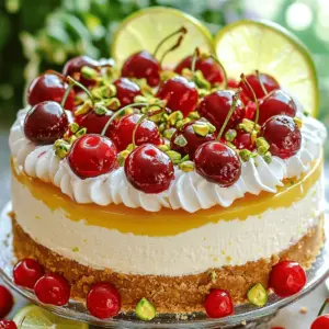 - 1 ½ cups graham cracker crumbs - ½ cup unsalted butter, melted - ¼ cup sugar - 2 (8 oz) packages cream cheese, softened - 1 cup powdered sugar - ½ cup sour cream - 1 tablespoon lemon zest - 1 tablespoon lime zest - 3 tablespoons fresh lemon juice - 3 tablespoons fresh lime juice - 1 teaspoon vanilla extract - 1 cup cherries, pitted and halved - ½ cup pistachios, finely chopped