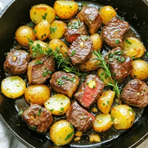 - 1 lb sirloin steak - 1 lb baby potatoes - 4 tablespoons unsalted butter - 4 cloves garlic - Fresh rosemary and thyme - Salt and pepper