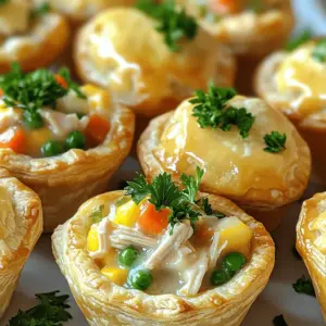- 1 pound cooked chicken breast, shredded - 1 cup frozen mixed vegetables (carrots, peas, corn) - 1 package (2 sheets) refrigerated puff pastry