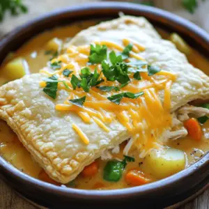 - 2 cups cooked chicken, shredded - 1 cup frozen mixed vegetables (peas, carrots, corn) - 1 cup diced potatoes (pre-cooked or frozen) - 1 can (10.5 oz) cream of chicken soup - 1 cup chicken broth - 1 tablespoon olive oil - 1 teaspoon garlic powder - 1 teaspoon onion powder - ½ teaspoon dried thyme - ½ teaspoon salt - ¼ teaspoon black pepper - 1 cup shredded cheddar cheese - 1 package refrigerated pie crusts (usually contains 2 crusts)