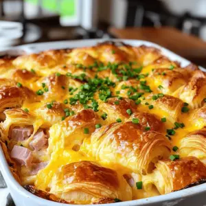 - 6 large buttery croissants, torn into pieces - 1 ½ cups cooked ham, diced - 1 ½ cups shredded cheddar cheese