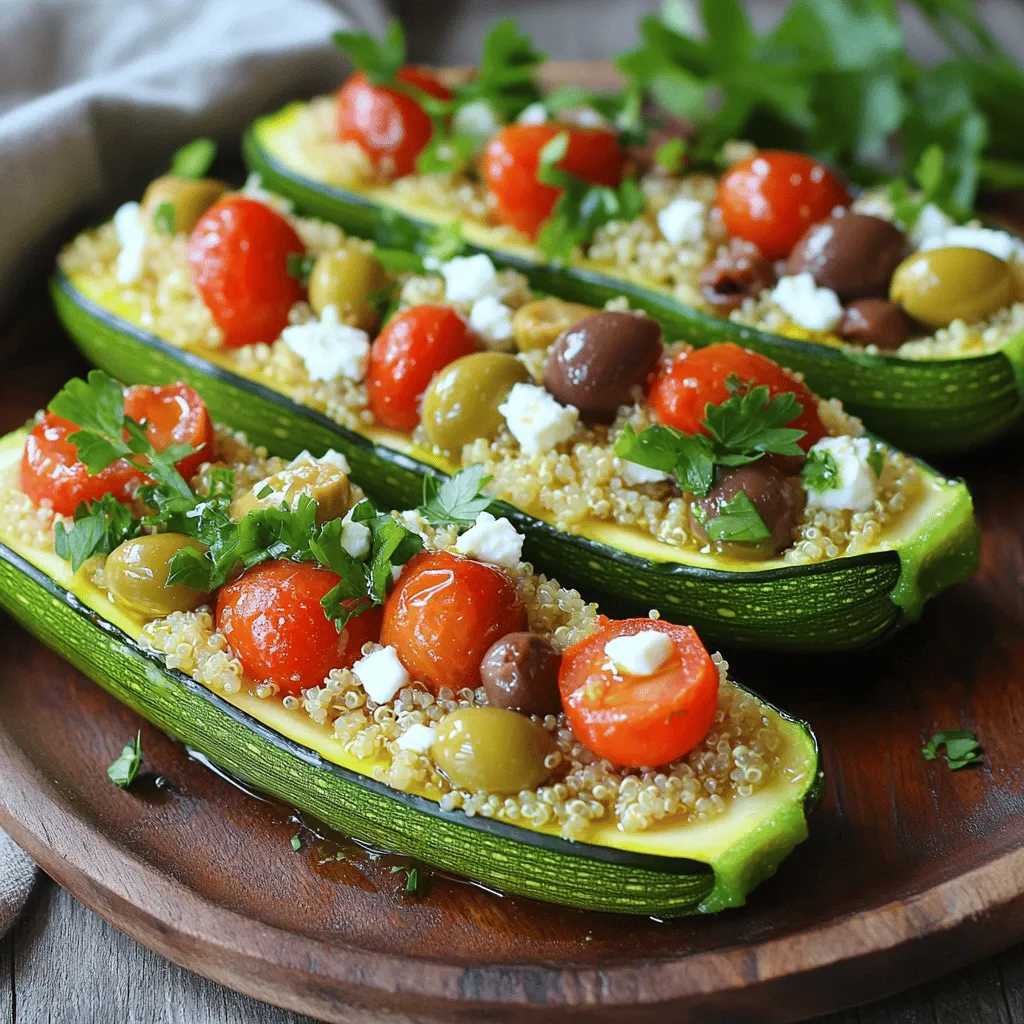 To make savory stuffed zucchini boats, you will need fresh ingredients that bring great flavor. Here’s what you’ll need: - Zucchini - Quinoa - Cherry tomatoes - Feta cheese - Kalamata olives - Red onion - Garlic - Dried herbs (oregano and basil) - Olive oil - Salt and pepper - Fresh parsley for garnish These ingredients create a tasty mix. Zucchini acts as a healthy vessel. Quinoa adds protein and texture. Cherry tomatoes bring a pop of sweetness. Feta cheese gives a creamy, salty bite. Kalamata olives add a briny touch. Red onion and garlic bring depth. The dried herbs enhance the dish with Mediterranean flair. You can find the full recipe for this dish in the Zesty Mediterranean Stuffed Zucchini Boats section. Enjoy cooking with these fresh ingredients and watch your friends and family smile with each delicious bite! 1. Preheat the oven: Start by heating your oven to 375°F (190°C). This helps cook the zucchini evenly. 2. Slice and scoop zucchini: Take your zucchinis and cut them in half lengthwise. Use a spoon to scoop out the center, creating little boats. Save the scooped-out flesh for later. 1. Sauté onions and garlic: In a skillet over medium heat, add olive oil. Toss in the chopped red onion and minced garlic. Stir them for about 3-4 minutes until they soften. 2. Combine filling ingredients: Add the reserved zucchini flesh, cherry tomatoes, olives, oregano, basil, salt, and pepper to the skillet. Cook this mixture for another 5 minutes. Stir it to mix well. The tomatoes should release some juice. 1. Fill zucchini boats: Take the cooked filling off the heat. Mix in the cooked quinoa and feta cheese. Fill each zucchini boat with this tasty mixture. Press it down gently. 2. Bake time and temperatures: Place your filled zucchini boats in a baking dish. Bake them for about 25-30 minutes, or until the zucchini is tender. For the full recipe, check out the details above. Enjoy making and sharing this easy, tasty dish! To ensure even cooking, choose medium zucchinis. They cook through without getting too mushy. Also, slice them in half evenly. This helps them bake at the same rate. For flavor enhancement, season the inside of the zucchini boats. A sprinkle of salt and pepper before filling adds depth. You can mix in some lemon juice for zest. It brightens the whole dish. Serve your stuffed zucchini boats hot. Arrange them nicely on a platter for a great look. A drizzle of olive oil adds shine and flavor. For garnishing, sprinkle fresh parsley on top. It brings a pop of color. You can also add some extra feta cheese for a creamy touch. {{image_2}} You can switch up the stuffing in your zucchini boats to fit your taste. For a vegetarian option, use beans or lentils instead of meat. These options add protein and fiber, making the dish hearty. You can also use cooked rice or couscous for a different texture. If you want to add meat, ground chicken or turkey works well. This choice keeps the dish light but adds a nice flavor. You can mix and match any of these fillings to create your perfect zucchini boat. The flavor of your stuffed zucchini can change based on the style you choose. For a Mediterranean twist, use olives, feta, and herbs like oregano and basil. This style gives a fresh and bright taste. If you prefer Italian flavors, add marinara sauce, mozzarella, and Italian sausage. This version is rich and comforting. Want something with a kick? You can add red pepper flakes or diced jalapeños for spice. Each variation allows you to enjoy different tastes while keeping the dish simple and delicious. To keep your stuffed zucchini boats fresh, follow these steps: - Refrigeration guidelines: Place leftover zucchini boats in an airtight container. They will stay good for about 3-4 days in the fridge. Make sure they cool down before sealing to avoid moisture build-up. - Freezing instructions: For longer storage, freeze them. Wrap each zucchini boat tightly in plastic wrap. Then place them in a freezer-safe bag or container. They can last up to 2 months in the freezer. When ready to eat, thaw them in the fridge overnight before reheating. To enjoy your zucchini boats again, use these methods: - Best methods to preserve texture: The oven is the best choice. Preheat it to 350°F (175°C). Place the zucchini boats on a baking sheet. Cover them with foil to keep them moist. Heat for about 15-20 minutes. - You can also use the microwave. Place the boats on a microwave-safe plate. Cover with a damp paper towel. Heat in short bursts of 30 seconds. This way, they won’t dry out. Following these storage and reheating tips helps maintain the flavor and texture of your delicious stuffed zucchini boats from the Full Recipe. Can you make zucchini boats ahead of time? Yes, you can make zucchini boats ahead of time. Prepare the filling and scoop the zucchini. Store them separately in the fridge. Bake them just before serving. This helps keep them fresh and warm. What's the best way to serve them? Serve stuffed zucchini boats hot from the oven. Arrange them on a platter. Garnish with extra parsley and a drizzle of olive oil. This makes for a beautiful and tasty dish. How to tell when zucchini is cooked properly? You can tell when zucchini is cooked by checking its tenderness. A fork should easily pierce through the flesh. The zucchini should not be mushy. It should still hold its shape while being soft enough to enjoy. Caloric content per serving Each serving of stuffed zucchini boats has about 250 calories. This can vary based on the toppings and filling used. Health benefits of key ingredients - Zucchini: Low in calories and high in fiber. Great for digestion. - Quinoa: A complete protein, full of nutrients. Good for muscle health. - Feta cheese: Adds flavor and calcium. Helps with bone health. - Olives: Rich in healthy fats and antioxidants. Supports heart health. This dish is a fun and tasty way to enjoy zucchini. You can use fresh, healthy ingredients to create a meal that feels special. This recipe serves four and takes about 50 minutes from start to finish. You will spend 15 minutes preparing and 25-30 minutes baking. This recipe highlights Mediterranean flavors with a mix of quinoa, feta, and olives. Here are the steps for making this dish: 1. Preheat your oven to 375°F (190°C). 2. Slice each zucchini in half lengthwise. Scoop out the center to create boats. Save the scooped-out flesh. 3. Heat olive oil in a skillet over medium heat. Sauté chopped red onion and minced garlic for 3-4 minutes until soft. 4. Add the reserved zucchini flesh, cherry tomatoes, olives, oregano, basil, salt, and pepper to the skillet. Cook for 5 minutes until the tomatoes soften. 5. Remove from heat. Stir in cooked quinoa and feta cheese until mixed well. 6. Place the zucchini boats in a baking dish. Fill each boat with the quinoa mix and press down gently. 7. Bake for 25-30 minutes until zucchini is tender. 8. Cool slightly and garnish with fresh parsley before serving. This recipe not only looks great but also tastes amazing. Serve the stuffed zucchini boats hot, arranged nicely on a platter. Drizzle a little olive oil on top for added flavor. For the full recipe, refer to the detailed instructions above and enjoy your cooking adventure! Zucchini boats are easy to make and delicious. We explored simple steps, like preparing the zucchini and making the tasty filling. Don't forget the fun tips for cooking and presentation. You can also try different stuffings and flavors to keep it exciting. Plus, storing leftovers is a breeze. Enjoy this fun meal that is packed with flavor and nutrition. Experiment with the recipe and make it your own!
