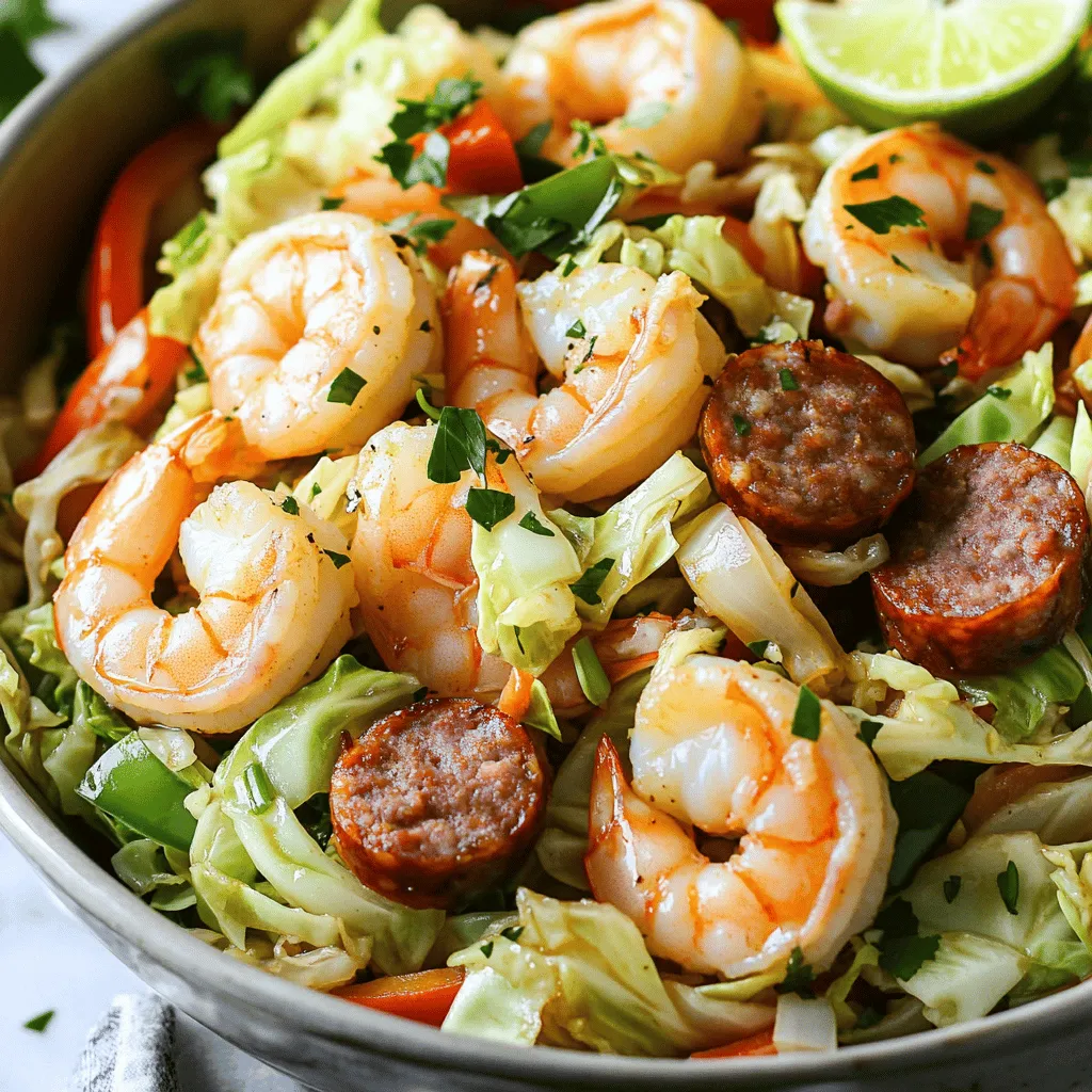 - 1 medium head of green cabbage, thinly sliced - 1 pound shrimp, peeled and deveined - 8 ounces smoked sausage, sliced - 1 medium onion, chopped - 2 cloves garlic, minced - 1 red bell pepper, sliced - 1 teaspoon smoked paprika - ½ teaspoon cayenne pepper (adjust for spiciness) - 3 tablespoons soy sauce (or tamari for gluten-free) - 2 tablespoons olive oil - Salt and pepper to taste - Fresh parsley, chopped for garnish You can swap the smoked sausage for lighter options like chicken or turkey sausage. This helps cut calories while still keeping the flavor. For those avoiding gluten, use tamari instead of soy sauce. It tastes great and fits well in many dishes. To slice cabbage correctly, first, remove the outer leaves. Cut it in half, then into quarters. Use a sharp knife to slice it thinly. Aim for strips that are about 1 inch wide. This way, they cook evenly. For shrimp, it’s key to devein them. Look for a dark line along the back. Use a small knife to make a shallow cut and pull it out. This makes your shrimp clean and tasty. Start by preheating your skillet. A large skillet or wok works best for this dish. Heat it over medium-high heat. This step is key to achieving a nice sear on your sausage and shrimp. For oil, I recommend using olive oil. You'll need about 2 tablespoons. This amount helps to cook the ingredients evenly without being too greasy. Once your skillet is hot, add the sliced sausage. Sauté it for about 4 to 5 minutes. You want it to brown nicely, which adds great flavor. Next, toss in the chopped onion and sliced red bell pepper. Stir these together for 3 to 4 minutes. This will soften the veggies and infuse their flavors into the sausage. Add minced garlic, smoked paprika, and cayenne pepper. Sauté this mixture for another minute. This step is vital as it releases the spices' aroma, enhancing the dish's taste. Now, stir in the shrimp. Cook them until they turn pink, which takes about 3 to 4 minutes. Timing is important here; you don't want overcooked shrimp. Reduce the heat to medium and add the sliced cabbage. Toss everything together. Allow the cabbage to wilt, but keep it slightly crunchy. This should take about 5 to 7 minutes. Drizzle soy sauce over the mix. Stir well and season with salt and pepper to your taste. When the dish looks colorful and the cabbage is tender yet crisp, it's ready to serve. Let it cool for a minute before plating. For the best presentation, serve in a large bowl and garnish with fresh parsley. Check out the Full Recipe for more details! To keep the cabbage crunchy, cook it just right. - How to prevent overcooking: Add the cabbage last. Stir it in once the shrimp and sausage are cooked. This way, it wilts without losing its crispness. - Maintaining crunch in cabbage: Cook the cabbage for only 5 to 7 minutes. You want it to be tender but still have a bite. Spices and herbs bring this dish to life. - Recommended spices and herbs: I love using smoked paprika and cayenne pepper. They add depth and warmth. Fresh parsley on top gives it a nice pop. - How to balance seasoning: Start with less salt and pepper. You can always add more later, but you can't take it out once it's in! Making your dish look great is fun! - Tips for garnishing: Sprinkle fresh parsley on top for color. You can also add lime wedges for a zesty touch. - Serving suggestions and accompaniments: Serve it in a large bowl. Pair it with rice or crusty bread for a complete meal. For the full recipe, check out the details above! {{image_2}} You can switch out the shrimp and sausage in this dish. Chicken or pork works well. If you want a lighter option, use turkey sausage. For seafood lovers, scallops or fish fillets are tasty choices, too. If you prefer plant-based meals, try using tofu or tempeh. Both soak up flavors and add protein. You can also use chickpeas for a fun twist. They add a nice bite and pair well with cabbage. This dish is perfect for adding more veggies. You can include seasonal options like zucchini, carrots, or green beans. They add color and crunch. Just chop them up and toss them in when cooking. Leafy greens are also a great addition. Spinach or kale can blend right in. They cook quickly and offer a nutritious boost. Just add them near the end so they remain tender. To make this dish even more exciting, try unique sauces. A splash of sesame oil can add depth. You can also mix in a bit of sriracha for heat. Adjust spice levels to your liking by adding cayenne or black pepper. Think about marinades, too. A splash of teriyaki sauce can give a sweet twist. For a tangy kick, add a bit of lemon juice or vinegar before serving. Explore these variations to suit your taste and enjoy this dish even more. For the full recipe, check the details above! To store leftovers, let the dish cool first. Then, place it in an airtight container. This helps keep it fresh. The dish can last about three to four days in the fridge. The best way to reheat is on the stove. Use medium heat and a little oil. This keeps the texture nice and firm. If you use the microwave, cover it loosely. This helps prevent sogginess. Stir halfway through for even heating. Yes, you can freeze this dish! To freeze, let it cool completely. Then, transfer it to a freezer-safe container. Make sure to label it with the date. When you want to eat it, thaw it in the fridge overnight. Then reheat on the stove for the best taste. For the full recipe, check the earlier sections. Yes, you can use frozen shrimp. They are easy to find and save time. Frozen shrimp can be just as tasty as fresh shrimp. Just make sure to thaw them well before cooking. Place them in the fridge overnight or run them under cold water for a quick thaw. One drawback is that frozen shrimp can sometimes be a bit watery. This extra moisture can affect the texture. For this dish, smoked sausage works best. It adds great flavor to the cabbage. You can use chicken, turkey, or pork sausage based on your taste. Chicken and turkey sausage are lighter options. They have less fat and fewer calories, which is a plus if you want a healthier dish. Pork sausages are richer in taste, but they also have more fat. To boost the heat, add more cayenne pepper. You can also include sliced jalapeños or crushed red pepper flakes. Another great way to add spice is by using spicy sausage. Just make sure to taste as you go. You can always add more heat, but it’s hard to take it away once you add too much. In this blog post, I shared a recipe for fried cabbage with shrimp and sausage. I covered ingredients, prep tips, and steps for cooking. I also included variations for protein and storage info. Remember, you can adjust flavors and add veggies to suit your taste. Keep the cabbage crunchy and enjoy the dish with your favorite sides. Now, it’s your turn to try this recipe and make it your own. Happy cooking!