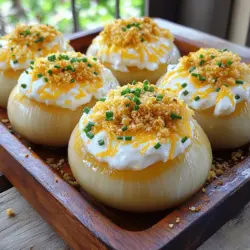 - 4 large Vidalia onions - 1 cup sharp cheddar cheese, grated - 1 cup cream cheese, softened - ½ cup sour cream - 1 cup breadcrumbs - 1 tablespoon garlic powder - 1 tablespoon onion powder - 1 teaspoon smoked paprika - ½ teaspoon cayenne pepper (optional for heat) - Salt and pepper to taste - 2 tablespoons fresh chives, chopped (for garnish) You can easily boost the taste of your cheesy Tennessee onions. Here are some great options: - Crumbled bacon for a savory crunch - Fresh herbs like thyme or rosemary for a fragrant touch - Diced jalapeños for extra heat These ingredients can add depth and fun to your dish. Feel free to mix and match to fit your taste. While sharp cheddar shines in this recipe, you can explore other cheese options too. Consider these combos: - Gouda for a creamy and smoky flavor - Monterey Jack for a milder, buttery taste - Parmesan for a nutty, salty kick Mixing different cheeses can create a rich and tasty filling. I recommend sticking to two or three types for balance. For the full recipe, check out the details above. First, you need to preheat your oven to 375°F (190°C). This step is key for great baking. While the oven heats, grab your large Vidalia onions. Cut off the tops and scoop out the insides. Leave about a half-inch shell. Set the onion pulp aside for later use. This will add flavor to your cheesy filling. In a medium bowl, mix together the cream cheese and sour cream. Add half of the grated sharp cheddar cheese. Stir well until the mixture is smooth. Now, finely chop the reserved onion pulp. Add it to the bowl along with garlic powder, onion powder, smoked paprika, cayenne pepper (if you want some heat), salt, and pepper. Mix everything until it’s all combined. This cheesy filling is what makes these onions so delicious! Next, fill each onion shell with the cheesy mixture. Pack it in well for a great bite. In another bowl, combine the rest of the cheddar cheese with breadcrumbs and a pinch of salt and pepper. Sprinkle this mixture on top of the stuffed onions. Now, place them in a baking dish and cover it with aluminum foil. Bake for 30 minutes. After that, remove the foil and bake for another 15-20 minutes. Look for a golden brown top. Once the onions are tender, let them cool for a few moments before serving. Enjoy your cheesy Tennessee onions hot and flavorful! For more detailed steps, check the Full Recipe. To cut onions without tears, use a sharp knife. A sharp blade makes clean cuts. This reduces the release of irritants. You can also chill the onions first. Cold onions release fewer of these gases. Another trick is to cut under running water. The water captures the fumes and keeps them away from your eyes. To get tender onions, bake them covered at first. This traps steam and softens the onions. After about 30 minutes, uncover the dish. This browns the tops and adds flavor. Keep an eye on them as they bake. They should be soft but not mushy. If you want extra gooey cheese, bake a bit longer. You can prepare cheesy Tennessee onions a day ahead. Stuff the onion shells and cover them with foil. Store them in the fridge until you’re ready to bake. This saves time on busy days. Just add a few extra minutes to the baking time. This way, you enjoy hot and cheesy goodness right when you need it. For the full recipe, check back to ensure all steps are clear! {{image_2}} You can change the cheese for a new taste. Try adding mozzarella for a stretchy texture. Gouda gives a nice, smoky flavor. Or use pepper jack for some spice. Mixing cheeses adds depth to the dish. Just remember, keep the same amount of cheese. If you like heat, add more cayenne pepper or red pepper flakes. You can also mix in diced jalapeños for a fresh kick. A dash of hot sauce in the cheesy mix can also work. Just taste as you go to find your perfect level of spice. For a vegetarian twist, replace the sour cream with Greek yogurt. You can also use plant-based cream cheese for a vegan version. Nutritional yeast adds a cheesy flavor without dairy. Use your favorite vegan cheese for a creamy texture. These swaps keep the dish tasty and fun! Make sure to check out the Full Recipe for all the details! To store leftovers, let the cheesy Tennessee onions cool first. Place them in an airtight container. Make sure to cover them well to keep them fresh. Store the container in the fridge. They will last for about 3 to 4 days. If you want to keep them longer, freezing is a great option. You can freeze cheesy Tennessee onions for later enjoyment. First, let them cool completely. Then, wrap each onion in plastic wrap. Place the wrapped onions in a freezer-safe bag. Squeeze out as much air as possible. They will stay fresh in the freezer for up to 3 months. Remember to label the bag with the date. To reheat your cheesy onions, preheat your oven to 350°F (175°C). Remove the onions from the fridge or freezer. If frozen, let them thaw overnight in the fridge. Place the onions in a baking dish and cover with foil. Bake for about 20-25 minutes if cold from the fridge. If reheating from frozen, it may take around 30-40 minutes. Remove the foil for the last 10 minutes to crisp up the topping. Enjoy your delicious meal once more! You should bake cheesy Tennessee onions for a total of 45 to 50 minutes. Start by covering them with foil and baking for 30 minutes. After that, remove the foil and bake for another 15 to 20 minutes. This helps the tops get golden and crispy, while the onions stay tender. Yes, you can use other onions if you like. While Vidalia onions are sweet and soft, yellow or white onions work well too. Just keep in mind that they may have a sharper taste. Adjust the baking time if needed, as some onions may cook faster. Cheesy Tennessee onions pair nicely with many dishes. You can serve them as a side with grilled meats or roasted vegetables. They also go well with a fresh salad or as part of a larger spread. For a fun twist, try serving them with a tasty dip or sauce on the side. If you want the full recipe for cheesy Tennessee onions, check out the details above. This blog post covered the key aspects of making cheesy Tennessee onions. We explored the best ingredients and how to prepare them. You learned about mixing cheesy fillings, baking tips, and creative variations. I shared storage advice to keep leftovers fresh. In closing, this dish stands out for its flavor and simplicity. Try it out and enjoy the cheesy goodness. You’ll impress everyone at your table with these tasty bites.
