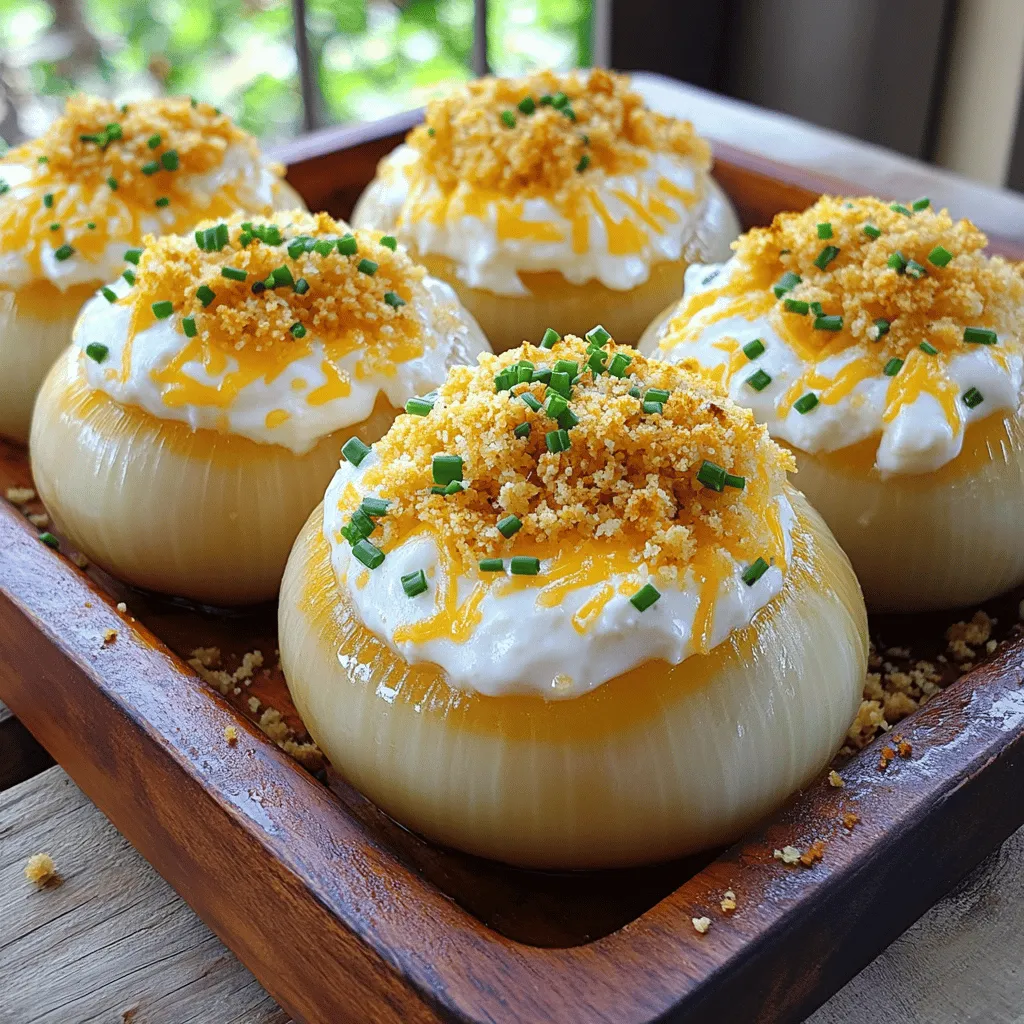 - 4 large Vidalia onions - 1 cup sharp cheddar cheese, grated - 1 cup cream cheese, softened - ½ cup sour cream - 1 cup breadcrumbs - 1 tablespoon garlic powder - 1 tablespoon onion powder - 1 teaspoon smoked paprika - ½ teaspoon cayenne pepper (optional for heat) - Salt and pepper to taste - 2 tablespoons fresh chives, chopped (for garnish) You can easily boost the taste of your cheesy Tennessee onions. Here are some great options: - Crumbled bacon for a savory crunch - Fresh herbs like thyme or rosemary for a fragrant touch - Diced jalapeños for extra heat These ingredients can add depth and fun to your dish. Feel free to mix and match to fit your taste. While sharp cheddar shines in this recipe, you can explore other cheese options too. Consider these combos: - Gouda for a creamy and smoky flavor - Monterey Jack for a milder, buttery taste - Parmesan for a nutty, salty kick Mixing different cheeses can create a rich and tasty filling. I recommend sticking to two or three types for balance. For the full recipe, check out the details above. First, you need to preheat your oven to 375°F (190°C). This step is key for great baking. While the oven heats, grab your large Vidalia onions. Cut off the tops and scoop out the insides. Leave about a half-inch shell. Set the onion pulp aside for later use. This will add flavor to your cheesy filling. In a medium bowl, mix together the cream cheese and sour cream. Add half of the grated sharp cheddar cheese. Stir well until the mixture is smooth. Now, finely chop the reserved onion pulp. Add it to the bowl along with garlic powder, onion powder, smoked paprika, cayenne pepper (if you want some heat), salt, and pepper. Mix everything until it’s all combined. This cheesy filling is what makes these onions so delicious! Next, fill each onion shell with the cheesy mixture. Pack it in well for a great bite. In another bowl, combine the rest of the cheddar cheese with breadcrumbs and a pinch of salt and pepper. Sprinkle this mixture on top of the stuffed onions. Now, place them in a baking dish and cover it with aluminum foil. Bake for 30 minutes. After that, remove the foil and bake for another 15-20 minutes. Look for a golden brown top. Once the onions are tender, let them cool for a few moments before serving. Enjoy your cheesy Tennessee onions hot and flavorful! For more detailed steps, check the Full Recipe. To cut onions without tears, use a sharp knife. A sharp blade makes clean cuts. This reduces the release of irritants. You can also chill the onions first. Cold onions release fewer of these gases. Another trick is to cut under running water. The water captures the fumes and keeps them away from your eyes. To get tender onions, bake them covered at first. This traps steam and softens the onions. After about 30 minutes, uncover the dish. This browns the tops and adds flavor. Keep an eye on them as they bake. They should be soft but not mushy. If you want extra gooey cheese, bake a bit longer. You can prepare cheesy Tennessee onions a day ahead. Stuff the onion shells and cover them with foil. Store them in the fridge until you’re ready to bake. This saves time on busy days. Just add a few extra minutes to the baking time. This way, you enjoy hot and cheesy goodness right when you need it. For the full recipe, check back to ensure all steps are clear! {{image_2}} You can change the cheese for a new taste. Try adding mozzarella for a stretchy texture. Gouda gives a nice, smoky flavor. Or use pepper jack for some spice. Mixing cheeses adds depth to the dish. Just remember, keep the same amount of cheese. If you like heat, add more cayenne pepper or red pepper flakes. You can also mix in diced jalapeños for a fresh kick. A dash of hot sauce in the cheesy mix can also work. Just taste as you go to find your perfect level of spice. For a vegetarian twist, replace the sour cream with Greek yogurt. You can also use plant-based cream cheese for a vegan version. Nutritional yeast adds a cheesy flavor without dairy. Use your favorite vegan cheese for a creamy texture. These swaps keep the dish tasty and fun! Make sure to check out the Full Recipe for all the details! To store leftovers, let the cheesy Tennessee onions cool first. Place them in an airtight container. Make sure to cover them well to keep them fresh. Store the container in the fridge. They will last for about 3 to 4 days. If you want to keep them longer, freezing is a great option. You can freeze cheesy Tennessee onions for later enjoyment. First, let them cool completely. Then, wrap each onion in plastic wrap. Place the wrapped onions in a freezer-safe bag. Squeeze out as much air as possible. They will stay fresh in the freezer for up to 3 months. Remember to label the bag with the date. To reheat your cheesy onions, preheat your oven to 350°F (175°C). Remove the onions from the fridge or freezer. If frozen, let them thaw overnight in the fridge. Place the onions in a baking dish and cover with foil. Bake for about 20-25 minutes if cold from the fridge. If reheating from frozen, it may take around 30-40 minutes. Remove the foil for the last 10 minutes to crisp up the topping. Enjoy your delicious meal once more! You should bake cheesy Tennessee onions for a total of 45 to 50 minutes. Start by covering them with foil and baking for 30 minutes. After that, remove the foil and bake for another 15 to 20 minutes. This helps the tops get golden and crispy, while the onions stay tender. Yes, you can use other onions if you like. While Vidalia onions are sweet and soft, yellow or white onions work well too. Just keep in mind that they may have a sharper taste. Adjust the baking time if needed, as some onions may cook faster. Cheesy Tennessee onions pair nicely with many dishes. You can serve them as a side with grilled meats or roasted vegetables. They also go well with a fresh salad or as part of a larger spread. For a fun twist, try serving them with a tasty dip or sauce on the side. If you want the full recipe for cheesy Tennessee onions, check out the details above. This blog post covered the key aspects of making cheesy Tennessee onions. We explored the best ingredients and how to prepare them. You learned about mixing cheesy fillings, baking tips, and creative variations. I shared storage advice to keep leftovers fresh. In closing, this dish stands out for its flavor and simplicity. Try it out and enjoy the cheesy goodness. You’ll impress everyone at your table with these tasty bites.