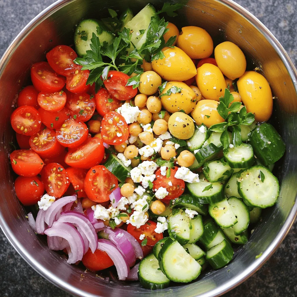 - 1 can (15 oz) chickpeas, rinsed and drained - 2 medium tomatoes, diced - 1 cucumber, diced - 1/2 red onion, thinly sliced - 1 bell pepper (red or yellow), diced - 1/2 cup kalamata olives, pitted and halved - 1/2 cup feta cheese, crumbled - 1 teaspoon dried oregano - 3 tablespoons extra-virgin olive oil - 2 tablespoons lemon juice - Salt and pepper to taste - Fresh parsley or mint leaves (for garnish)