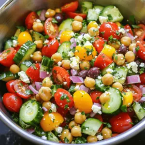- 1 can (15 oz) chickpeas, rinsed and drained - 2 medium tomatoes, diced - 1 cucumber, diced - 1/2 red onion, thinly sliced - 1 bell pepper (red or yellow), diced - 1/2 cup kalamata olives, pitted and halved - 1/2 cup feta cheese, crumbled - 1 teaspoon dried oregano - 3 tablespoons extra-virgin olive oil - 2 tablespoons lemon juice - Salt and pepper to taste - Fresh parsley or mint leaves (for garnish)