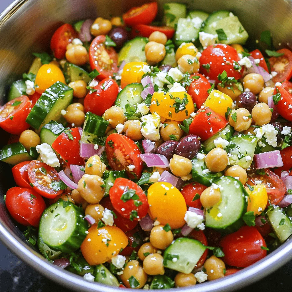 - 1 can (15 oz) chickpeas, rinsed and drained - 2 medium tomatoes, diced - 1 cucumber, diced - 1/2 red onion, thinly sliced - 1 bell pepper (red or yellow), diced - 1/2 cup kalamata olives, pitted and halved - 1/2 cup feta cheese, crumbled - 1 teaspoon dried oregano - 3 tablespoons extra-virgin olive oil - 2 tablespoons lemon juice - Salt and pepper to taste - Fresh parsley or mint leaves (for garnish)