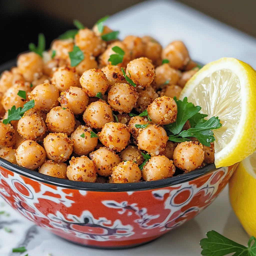 - 1 can (15 oz) chickpeas, drained and rinsed - 2 tablespoons olive oil - 1 teaspoon smoked paprika - 1/2 teaspoon garlic powder - 1/2 teaspoon ground cumin - 1/4 teaspoon cayenne pepper (adjust for heat preference) - 1 teaspoon sea salt - Freshly cracked black pepper, to taste - 1 tablespoon lemon juice (optional for zest) Crispy roasted chickpeas make a fun snack. They are packed with flavor and health. You need simple ingredients to make them shine. First, let’s talk about chickpeas. They are great for your body. They give you protein and fiber. A can of chickpeas makes this recipe easy. Just drain and rinse them well. This step helps remove extra sodium. Next, olive oil is your best friend here. It adds richness and helps the spices stick. Use two tablespoons for perfect flavor. Now, spices are key! Smoked paprika gives a nice smoky taste. Garlic powder adds depth. Ground cumin brings warmth. If you like heat, cayenne pepper is your friend! Adjust it to your taste. Sea salt and black pepper round out the mix. If you want a zing, add lemon juice. It brightens the flavors and makes them pop. These ingredients will transform your snack game. Ready to roast? Check out the Full Recipe for all the steps! - Preheat the oven to 400°F (200°C). - Pat chickpeas dry with a towel. This step is key. If they are wet, they won’t get crispy. - Combine chickpeas and olive oil with spices in a bowl. - Toss until evenly coated. Use smoked paprika, garlic powder, cumin, cayenne, salt, and pepper. This mix gives a great flavor kick. - Spread chickpeas on a baking sheet. Make sure they are in a single layer. - Roast for 30-35 minutes, shaking halfway. This helps them cook evenly. They should look golden and crispy when done. Try to catch the aroma as they bake; it’s heavenly! For a fun twist, squeeze lemon juice over them right after they come out of the oven. This adds a fresh zing. Enjoy them as a crunchy snack or sprinkle them on your salad. You can find the Full Recipe to guide you through all the steps. To get the best crunch from your roasted chickpeas, start by making sure they are completely dry. I recommend draining and rinsing them well, then patting them dry with a clean kitchen towel. This step is key to ensuring they crisp up nicely. Next, avoid overcrowding on the baking sheet. Spread the chickpeas out in a single layer. If they touch or overlap, they will steam instead of roast. Leave space between them for air to flow. This helps them become golden and crunchy. To boost flavor, get creative with spices! You can add more heat with chili powder or switch things up with Italian herbs. I love using a mix of sea salt and freshly cracked black pepper for a classic taste. Experimenting with different seasoning blends can lead to fun discoveries. Try sweet options like cinnamon and sugar for a treat or curry powder for a savory twist. Each new blend can turn your crispy chickpeas into a unique snack. For the full recipe, you can refer to the Crispy Roasted Chickpeas with a Spice Kick! 🥙 recipe. Enjoy your cooking! {{image_2}} You can change up the flavors of crispy roasted chickpeas easily. For sweet options, try adding cinnamon and sugar. This combo creates a lovely, sweet treat. You can also mix in vanilla for extra flavor. For savory options, Italian herbs work great. You can use dried basil, oregano, or thyme. Curry powder adds a warm, spicy kick. Feel free to experiment with your favorite spices! Crispy roasted chickpeas make a great salad topper. They add a fun crunch to greens and veggies. Just sprinkle them on top before serving. You can also pair them with dips. Hummus or yogurt make excellent choices. The creaminess of the dips contrasts well with the crispiness of the chickpeas. Enjoy them as a snack or part of a meal. For the full recipe, check out the Crispy Roasted Chickpeas with a Spice Kick! To keep your crispy roasted chickpeas fresh and crunchy, store them in an airtight container. This helps prevent moisture from softening them. Choose glass or plastic containers with tight lids. Avoid using paper bags, as they let air in. Here are some tips to keep them crispy: - Let the chickpeas cool completely before storing. - Keep them at room temperature, away from sunlight. - Do not store them in the fridge, as this adds moisture. If your chickpeas lose their crunch, you can revive them. Here’s how: Oven Method: 1. Preheat your oven to 350°F (175°C). 2. Spread the chickpeas on a baking sheet. 3. Roast for about 10-15 minutes, until they are crispy again. Microwave Method: 1. Place the chickpeas on a microwave-safe plate in a single layer. 2. Heat in short bursts of 30 seconds, checking each time. 3. This method is quicker but may not restore the crunch as well as the oven. Using the oven is best for a perfect crisp. Enjoy your healthy snack any time! To get crispy chickpeas, drying is key. After rinsing, pat them dry with a towel. Make sure no moisture stays on them. Also, roast them in a single layer. If you crowd the pan, they won’t crisp up well. Spread them out evenly on a baking sheet. This helps air flow around them. Yes, you can use dried chickpeas! Start by soaking them overnight in water. This softens them and prepares them for cooking. After soaking, drain and rinse them. Then, boil the chickpeas until tender, which usually takes about an hour. Once they are soft, drain them again and follow the same steps as with canned chickpeas in the full recipe. Roasted chickpeas are a great snack. They are high in protein and fiber. This makes them filling and good for your digestion. Chickpeas also contain vitamins and minerals, like iron and folate. Eating them can support heart health too. They are low in fat, making them a healthy choice for a crunchy snack. Plus, roasted chickpeas are gluten-free, which is perfect for many diets. Roasting chickpeas is simple and rewarding. We covered the main ingredients and gave step-by-step instructions. You learned tips for crispiness and ways to enhance flavor. Plus, we explored storage and reheating methods. In the end, roasted chickpeas can be a tasty snack or topping. Experiment with spices to find your favorite. Enjoy your crunchy creations and share them with friends!
