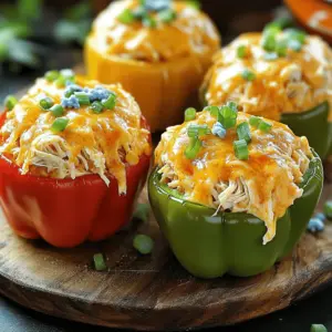 - 4 large bell peppers (any color) - 2 cups cooked shredded chicken - 1/2 cup buffalo sauce (adjust to taste) - 1/2 cup cream cheese, softened - 1 cup shredded cheddar cheese (plus extra for topping) - 1/2 cup celery, finely chopped - 1/4 cup green onions, chopped - Salt and pepper to taste - 1 tablespoon olive oil